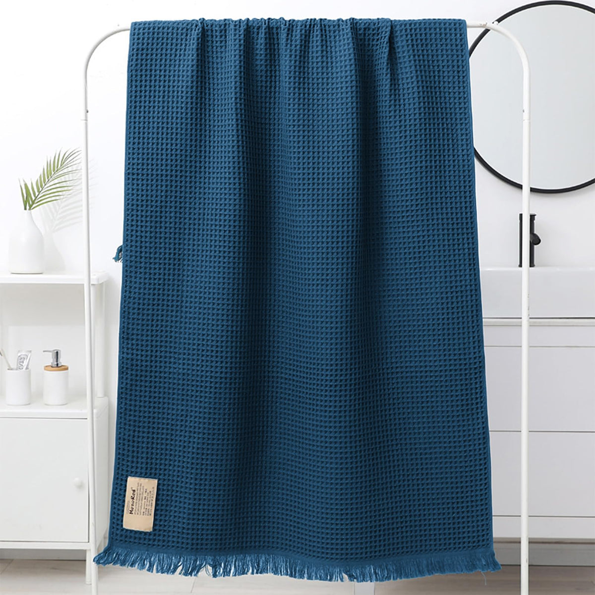 Jamron Pure Cotton Waffle Bath Towel Quick Dry Soft 180x90cm Large Bath Sheet Tassel Shawl SN079108 Blue