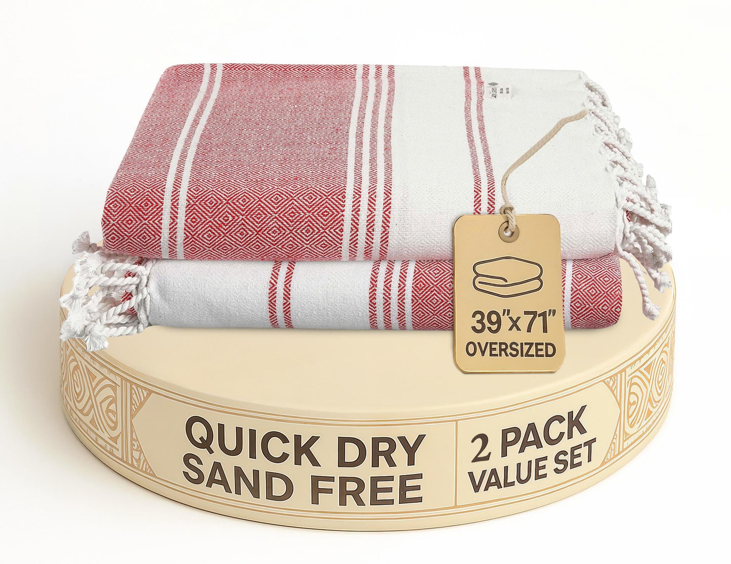 LANE LINEN Cotton Rich Turkish Beach Towel 2 Pack, Oversized 39"x71", Lightweight, Absorbent & Quick Dry, Sand Free, Hibiscus