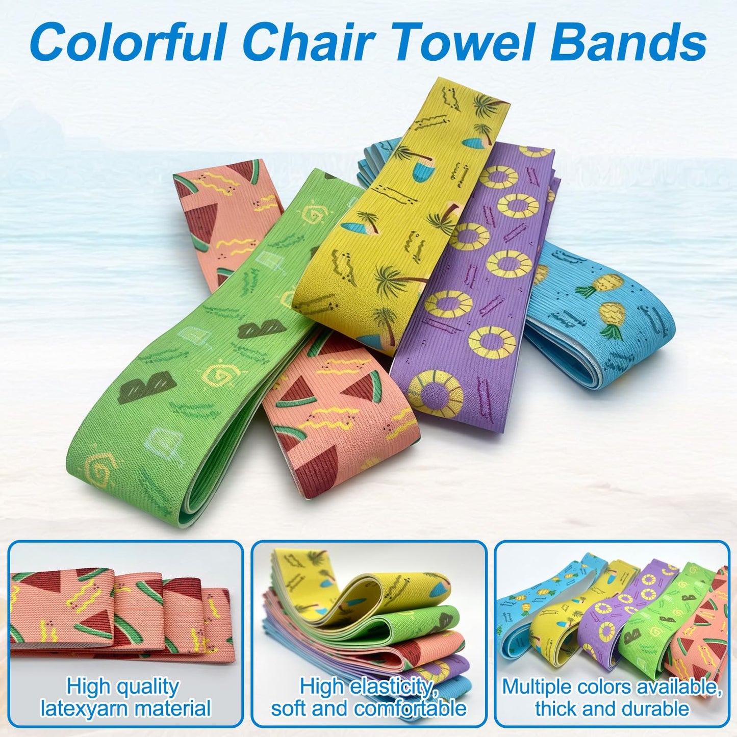 Beach Towel Bands for Sun Loungers, Elastic Windproof Sunbed Towel Straps, Non-Slip Chair Towel Holder for Pool, Beach, Cruise Chairs