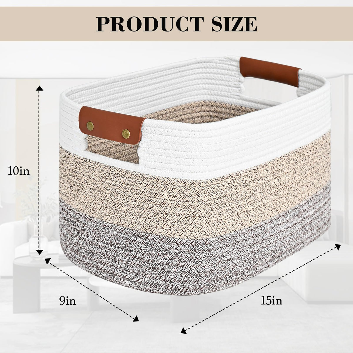Cotton Rope Storage Basket Woven Shelf Storage Bin with Detachable Leather Handles, Decorative Closet Shelf Woven Basket (Gradient Brown 3PACK)