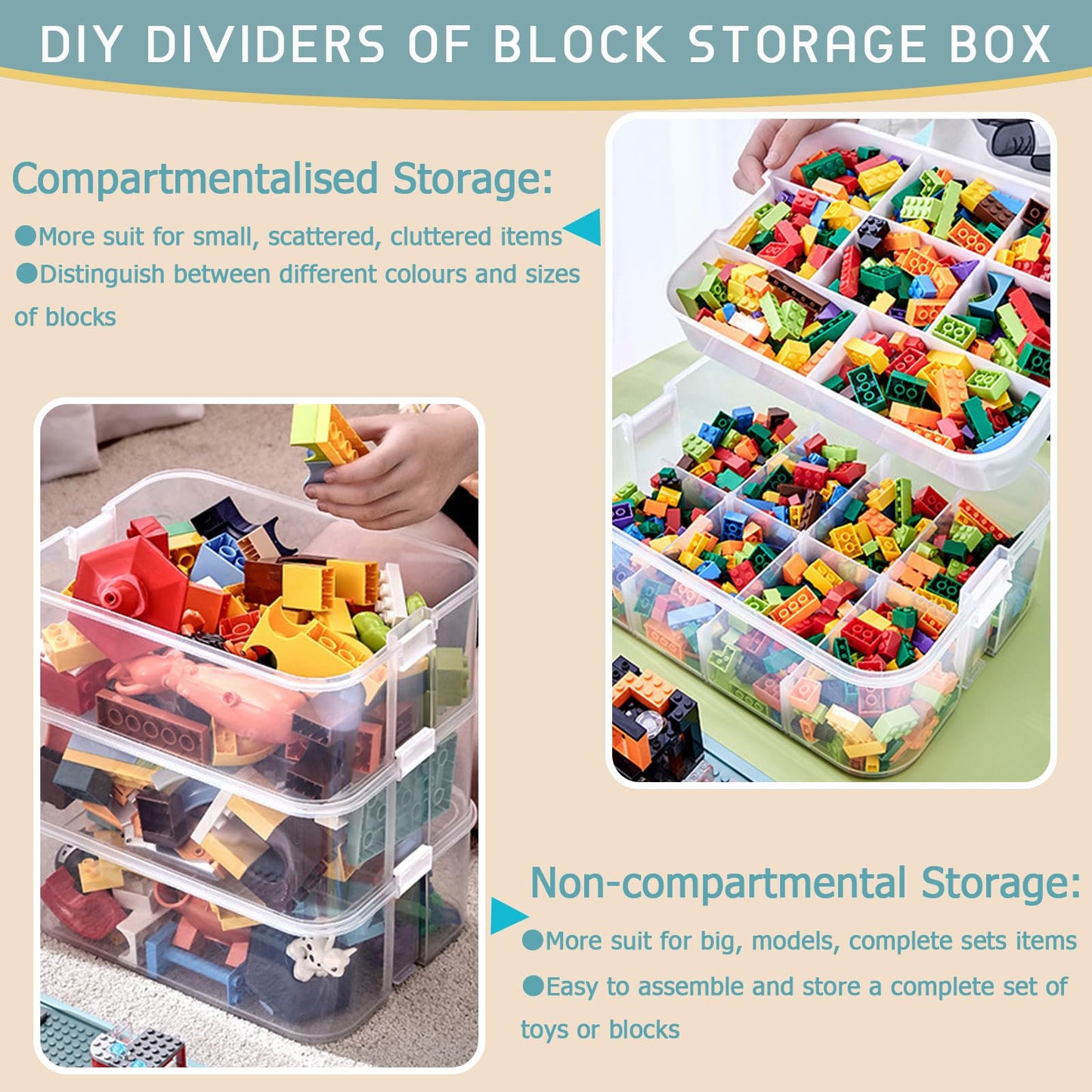 Storage Boxes with Lids for Lego Cube Kids Toy Box 3 Layers Stackable Plastic Drawer Organiser Clear Compartment Craft Containers for Magnetic