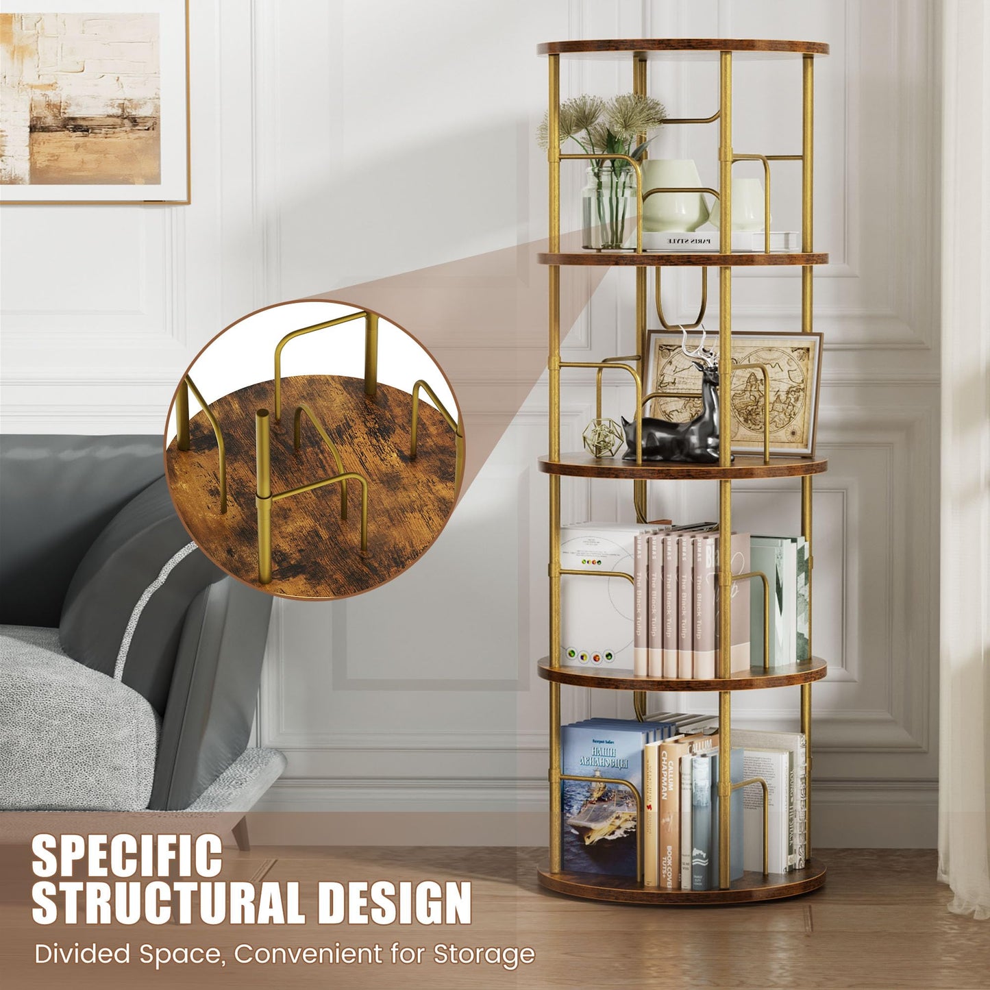OCTORO 4 Tier Rotating Bookshelf, 360° Corner Bookshelf Tower, Round Revolving Bookcase with Adjustable Levels, Spinning Book Shelf for Home Office