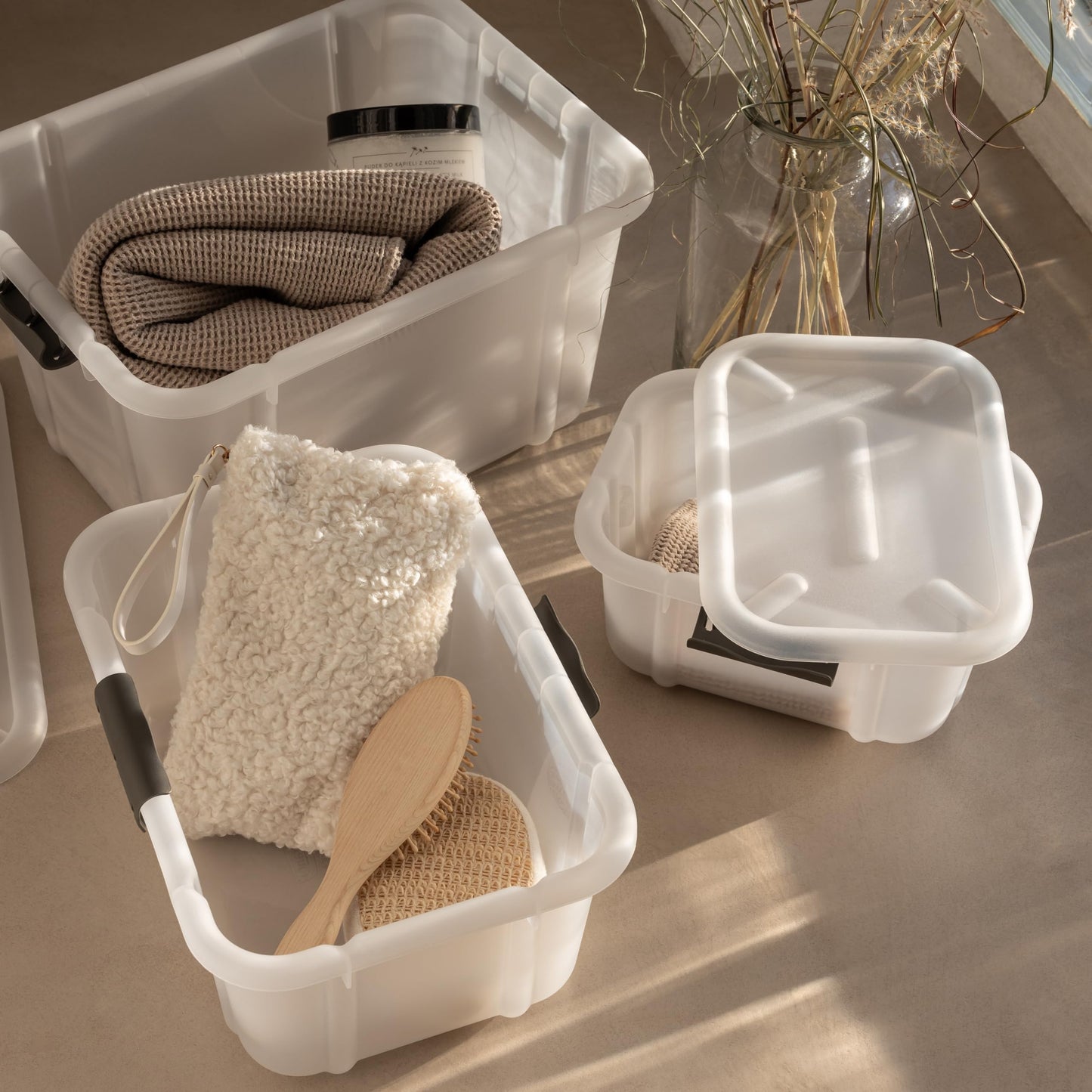 BranQ Home essential Universal Storage Container with Lid Velur, Set of 3, Size 16 L, BPA-Free Plastic PP, Transparent