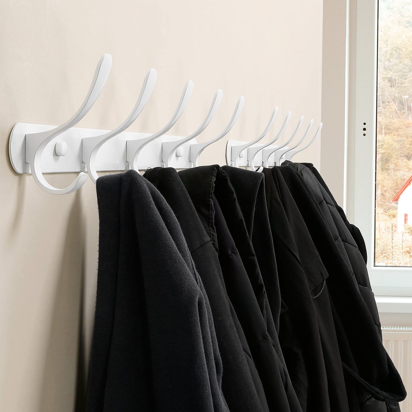 SKOLOO Modern Metal Coat Rack Wall Mount with 5 Hooks, Pack of 2, Sturdy Wall Coat Hooks for Hanging Coats, Jacket, Clothes, Hat, White