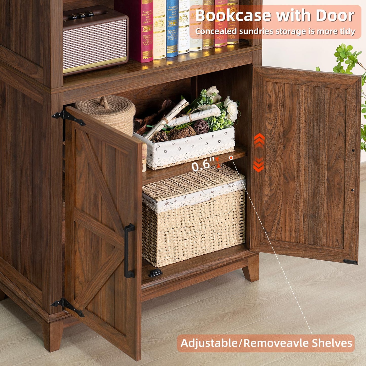 LELELINKY 70in Tall Bookshelf 5 Tier Bookcase with Barn Doors and Adjustable Shelves, Brown Farmhouse Book Shelf with Storage Cabinet