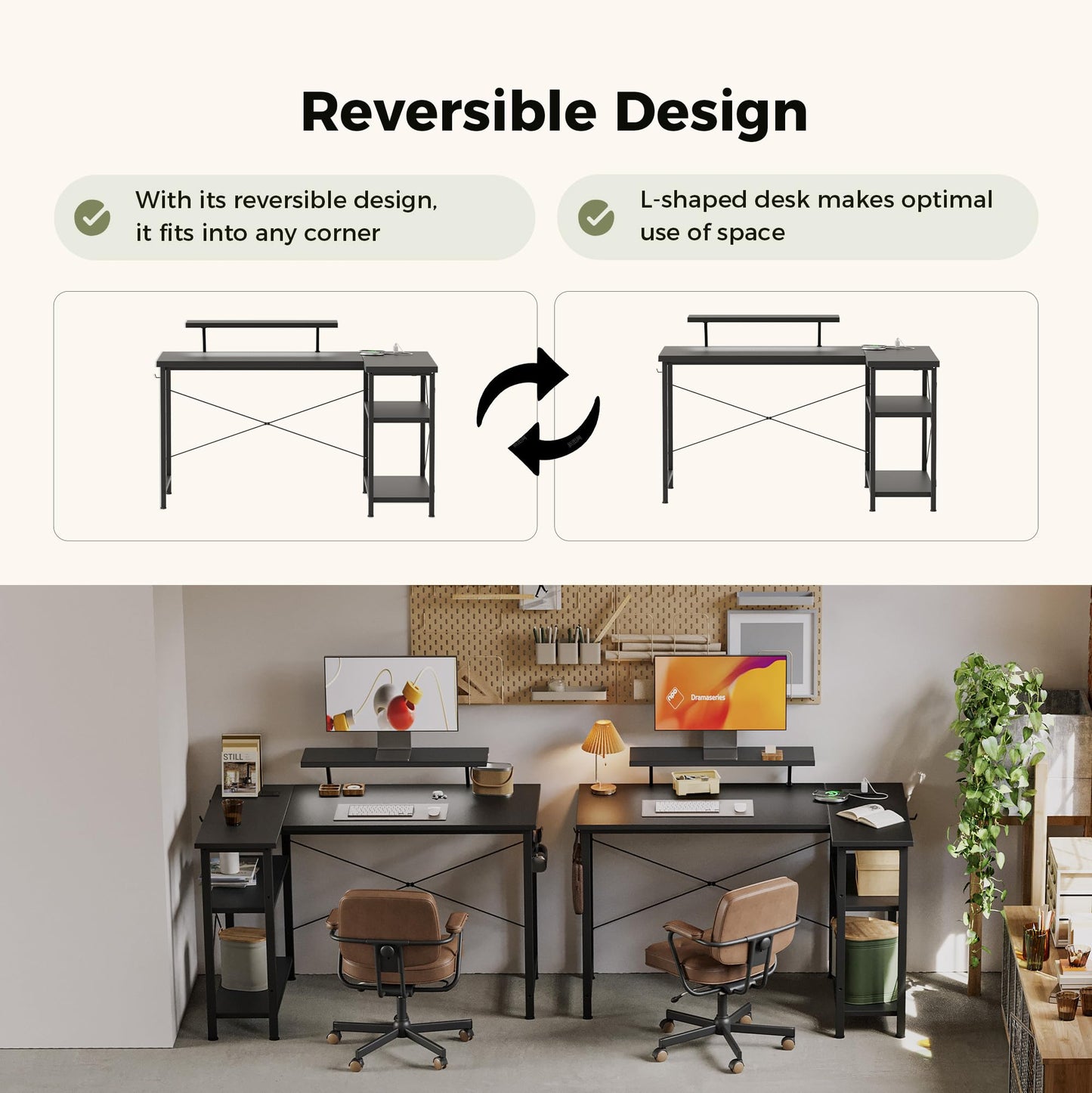 Mericonia Reversible Corner Desk, w. Led & Power Outlets, 140x70cm, Black