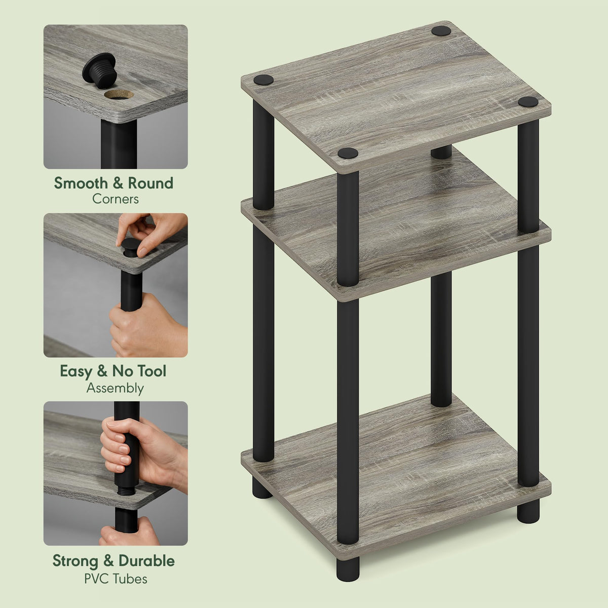 Furinno Just 3-Tier Turn-N-Tube End Table, Side Table, Nightstand, French Oak/Black, 2-Pack