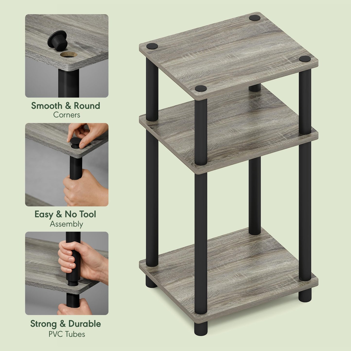 Furinno JUST Side Table, 3-Tier End Table, Open Shelves Night Stand, Bedside Table, Toolless Assembly, for Living Room, Bedroom, French Oak