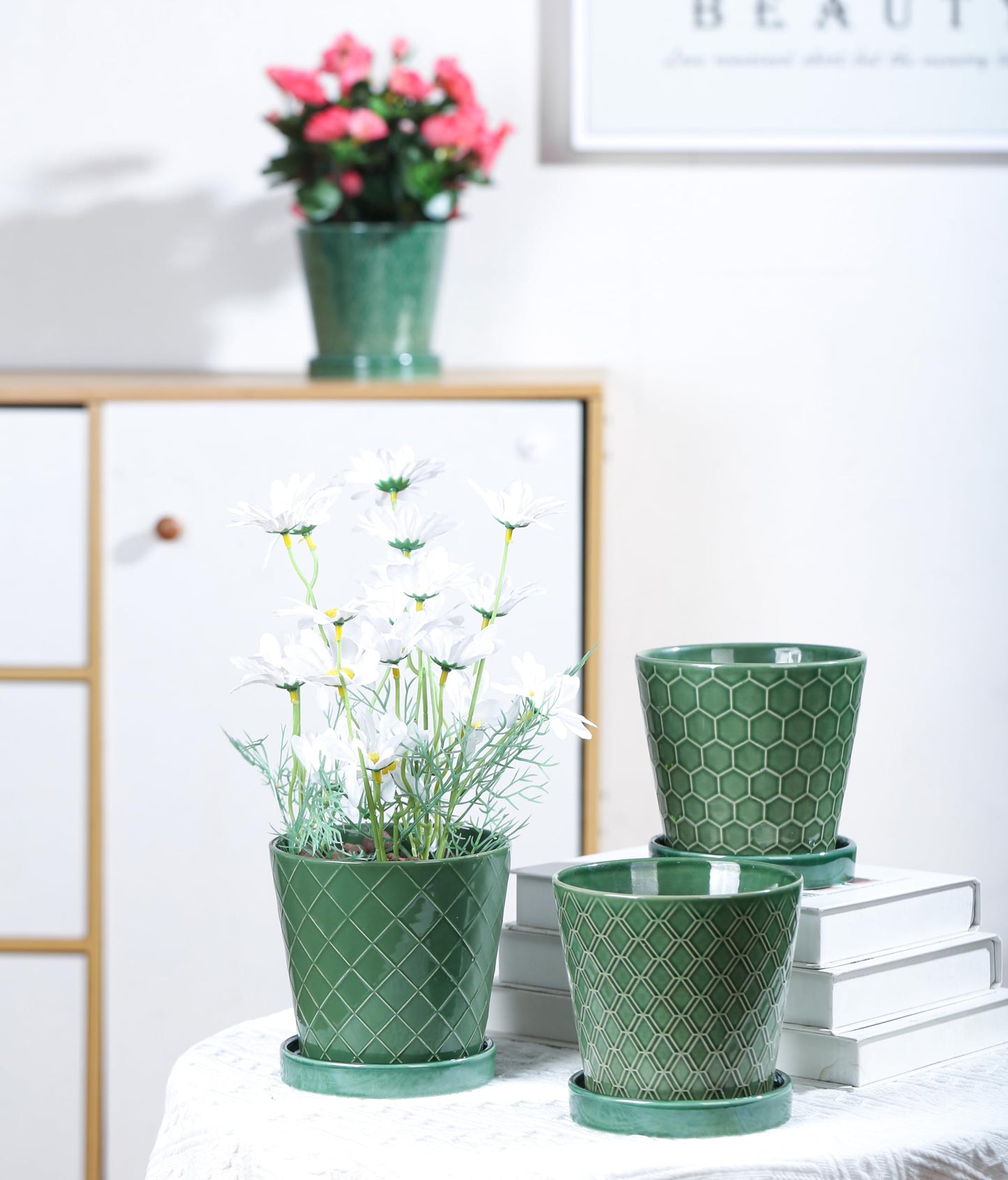 BUYMAX Plant Pots Indoor 5 inch Ceramic Flower Pot with Drainage Hole and Ceramic Tray - Gardening Home Desktop Office Windowsill Decoration Gift,