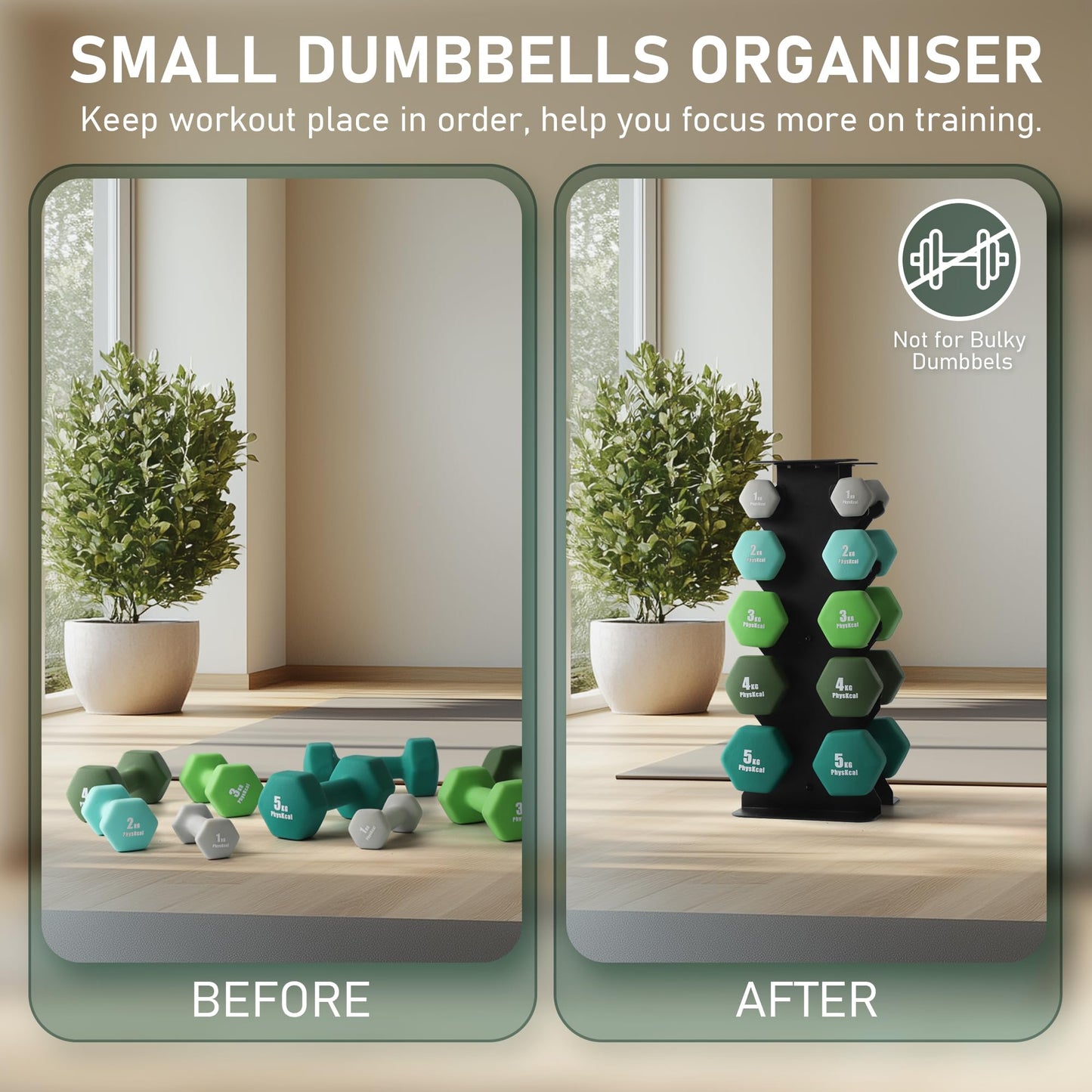 PhysKcal Small Dumbbells Rack, 5-Tier Neoprene Dumbbells Storage Stand, Vertical Dumbbell Tree Stand Weights Holder for Home Gym Exercise Fitness