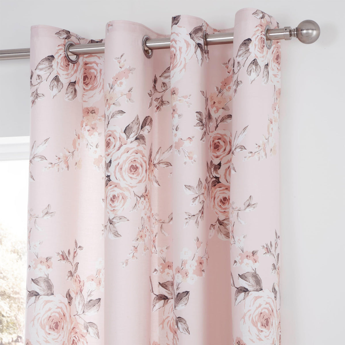 Catherine Lansfield Canterbury Floral 66x72 Inch Lined Eyelet Curtains Two Panels Blush Pink
