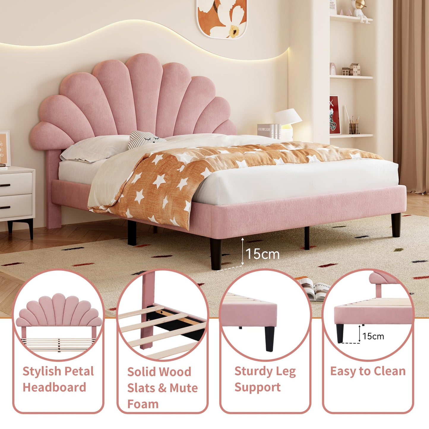 Ball & Cast Double bed frame, 4ft6 Double Upholstered Bed, Adjustable Chic Petal Headboard, Sturdy Wooden Slat Support, Velvet Fabric (No Mattress)