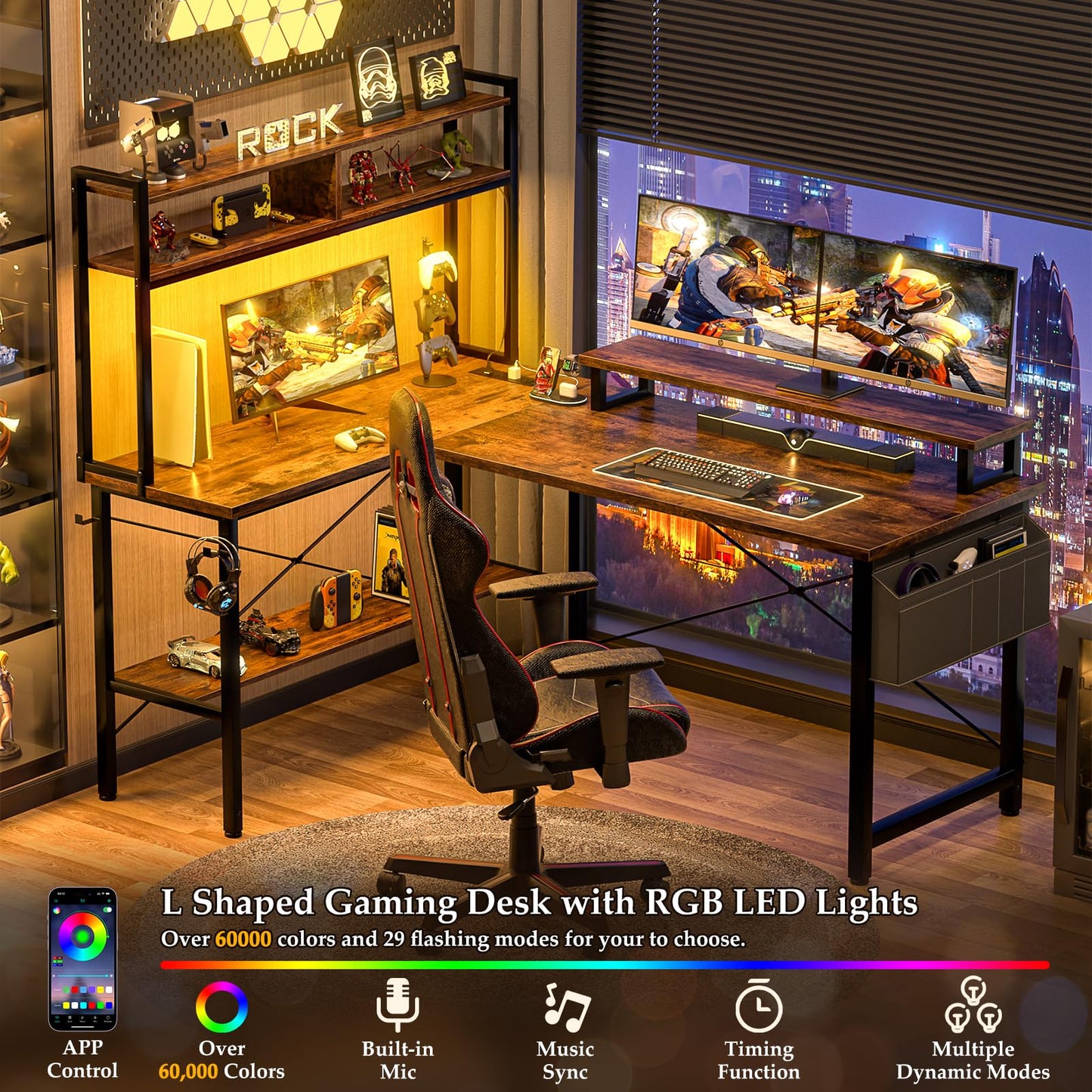 iSunirm L Shaped Gaming Desk with Power Outlets & LED Lights, Small L- Shaped Computer Corner Desk with Monitor Stand & Storage Shelf