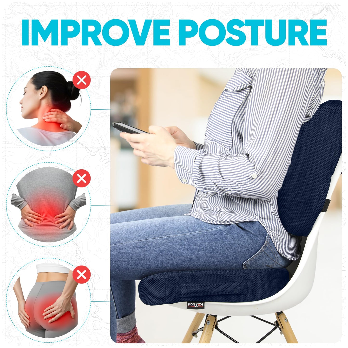 FORTEM Seat Cushion & Lumbar Support for Office Chair, Car Seat Combo