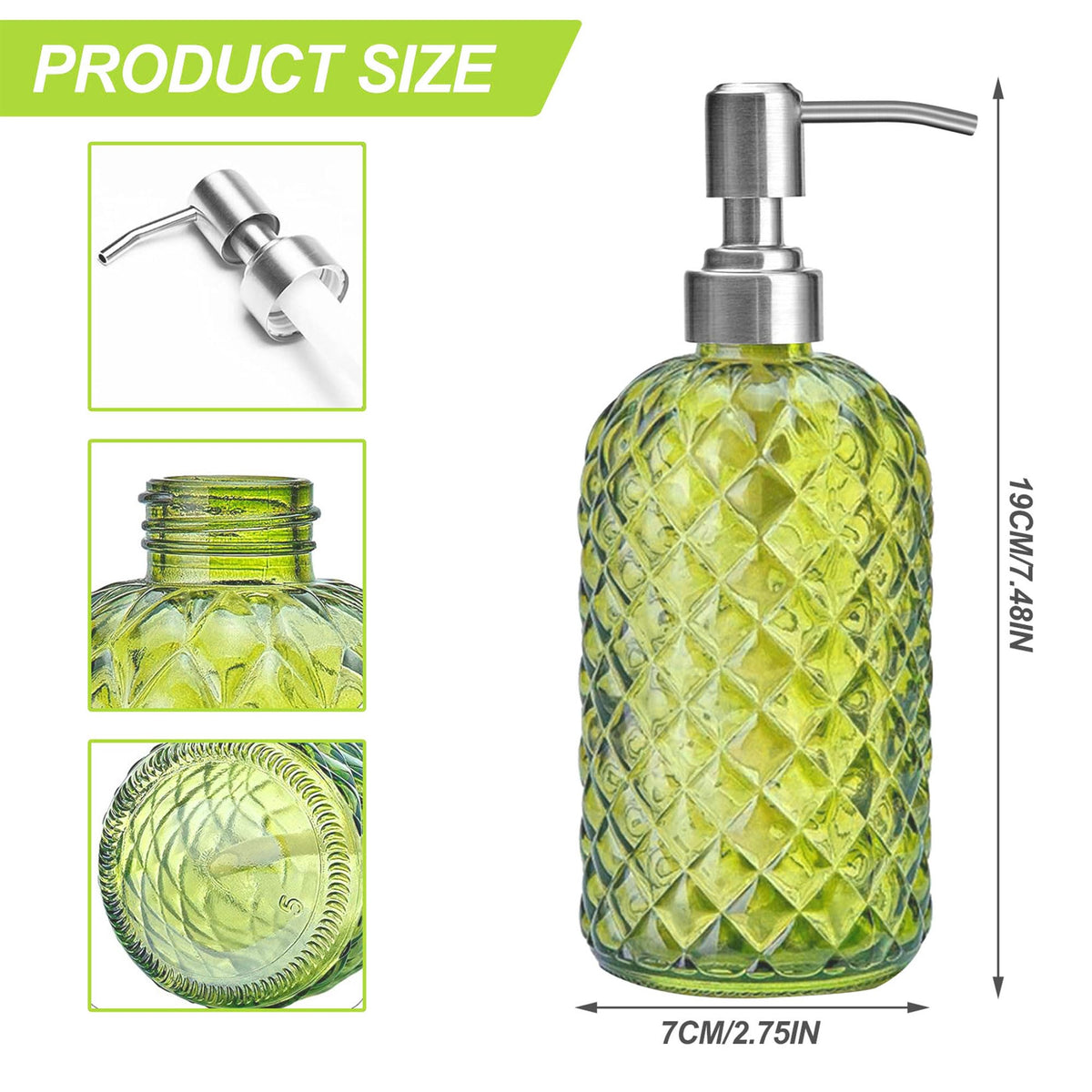 2Pcs Glass Soap Dispenser Green - 350ml/ 16 Oz Hand Soap Dispenser with Rustproof Stainless Steel Pump Liquid Hand Jar Refillable Glass Bottle for