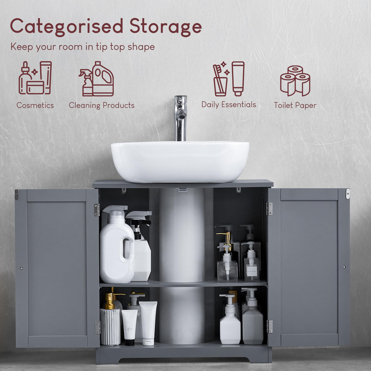 Bath Vida Priano 2 Door Bathroom Under Sink Floor Cabinet | Grey | Space-Saving Storage | 60H x 60W x 30D cm | Adjustable Shelf | Freestanding