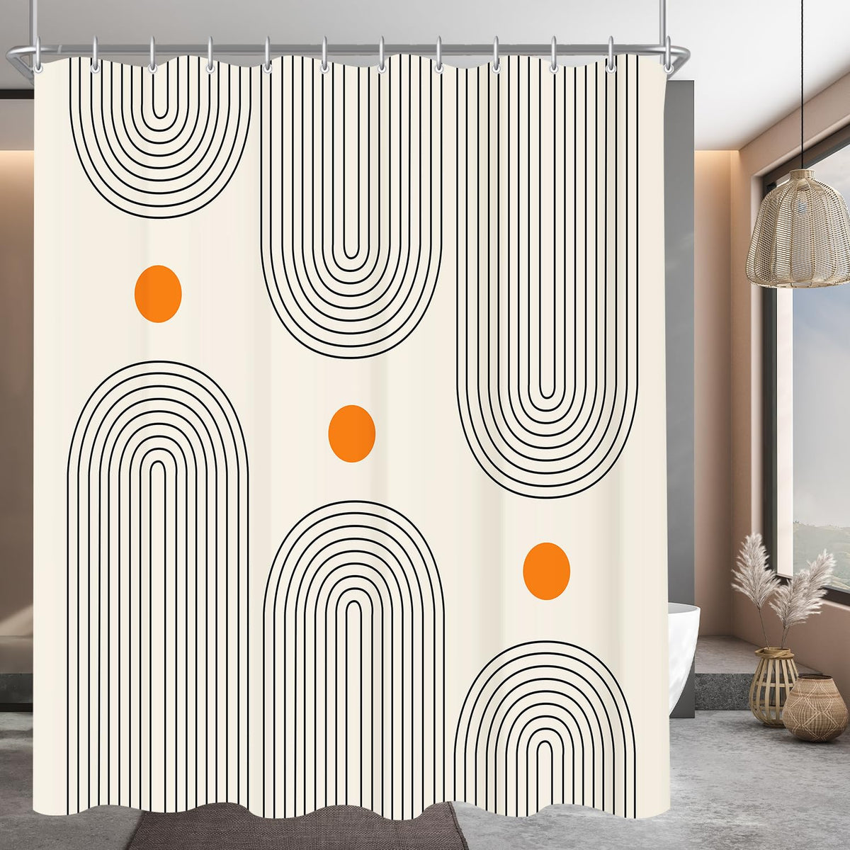 Lerores Shower Curtain 180 x 200 cm Geometric Curve, Weighted Hem, Anti-Mould Textile, Water-Repellent, Washable Polyester Fabric Bath Curtains for