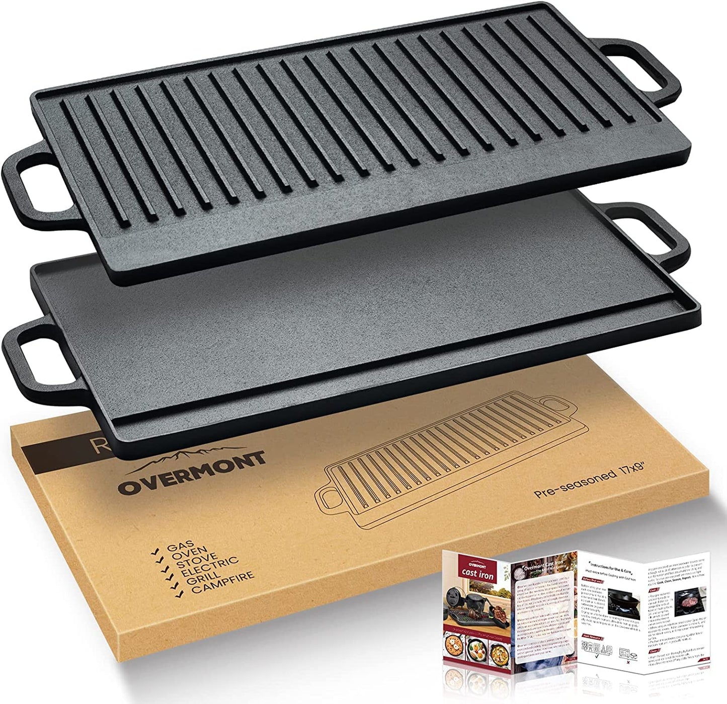 OVERMONT Pre-Seasoned Cast Iron Reversible Griddle Grill Pan with Handles for Gas Stovetop Open Fire Oven, 51.2 * 23.5CM (20x9.2) - One Tray, Scrapers