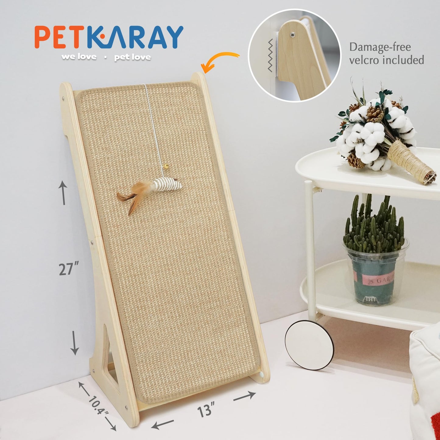 PETKARAY Cat Scratcher, Sisal Cat Scratching Ramp, L Shape Cat Scratch Pad for Indoor Cats, 27" Wall Furniture Protector with Mouse Toy