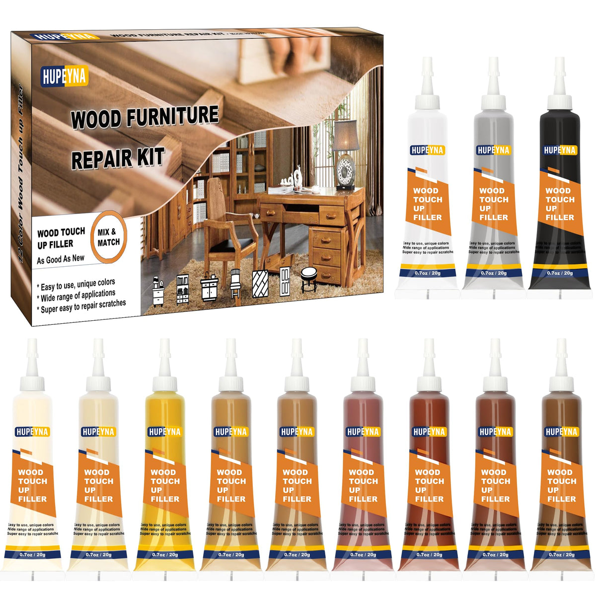 Hupeyna Wood Furniture Repair Kit, 12 Colours Wood Repair Kit, Wood Touch up Fillers, Repair Scratch, Cracks, Discoloration for Wooden Cabinet, Floor,