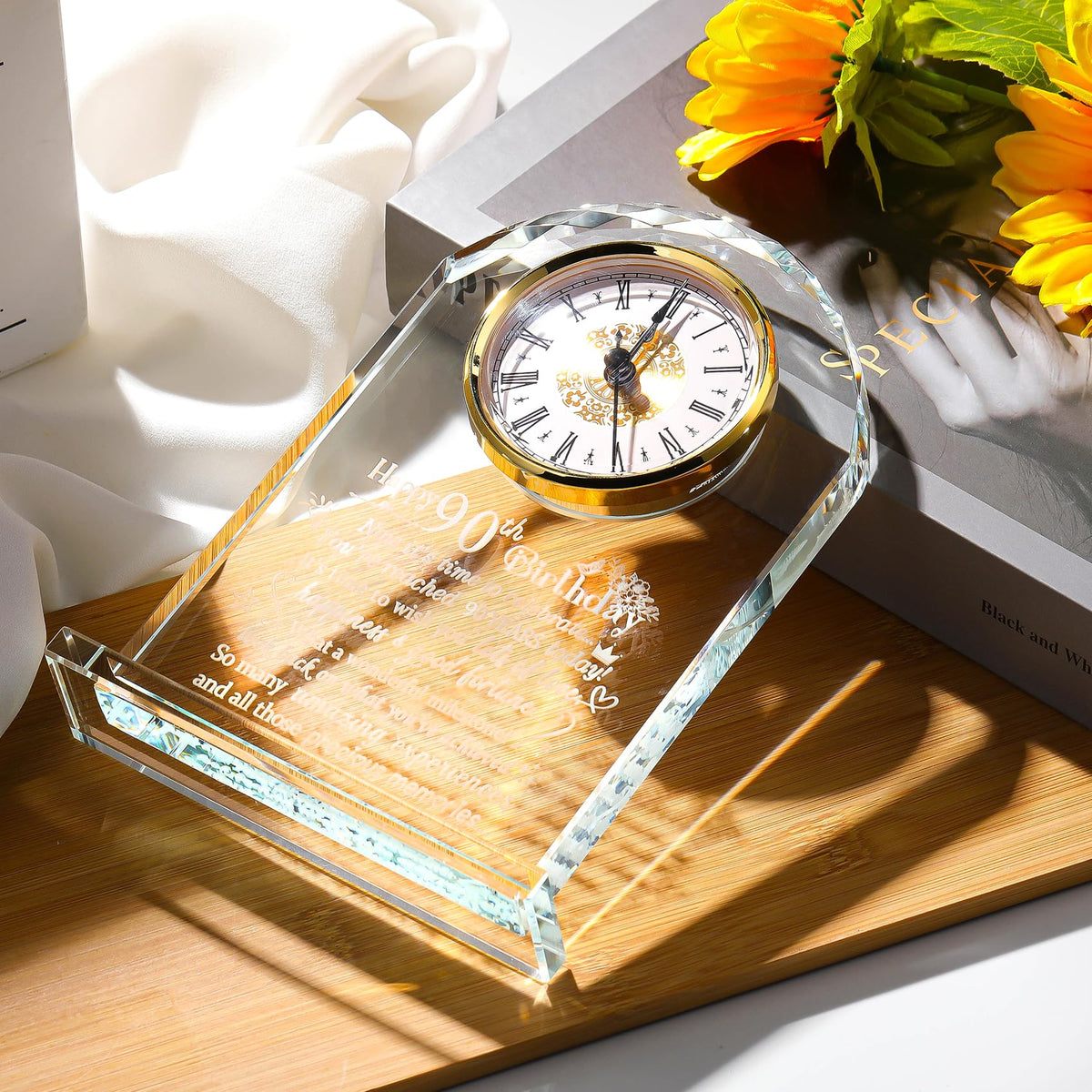 Ornalrist Happy 90th Birthday Quartz Clock Gifts for Women Men, 90th Birthday Presents for Grandparents Glass Keepsake Birthday Blessing for Turning