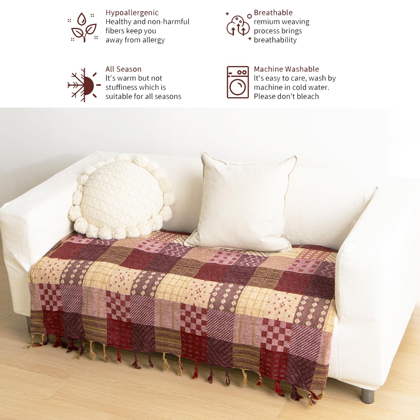 VANJOROY Bohemian Large Patchwork Sofa Bed Throw Blanket with Tassels For 2 3 Seater, 100% Chenille Soft Multi-function Throw for Couch,
