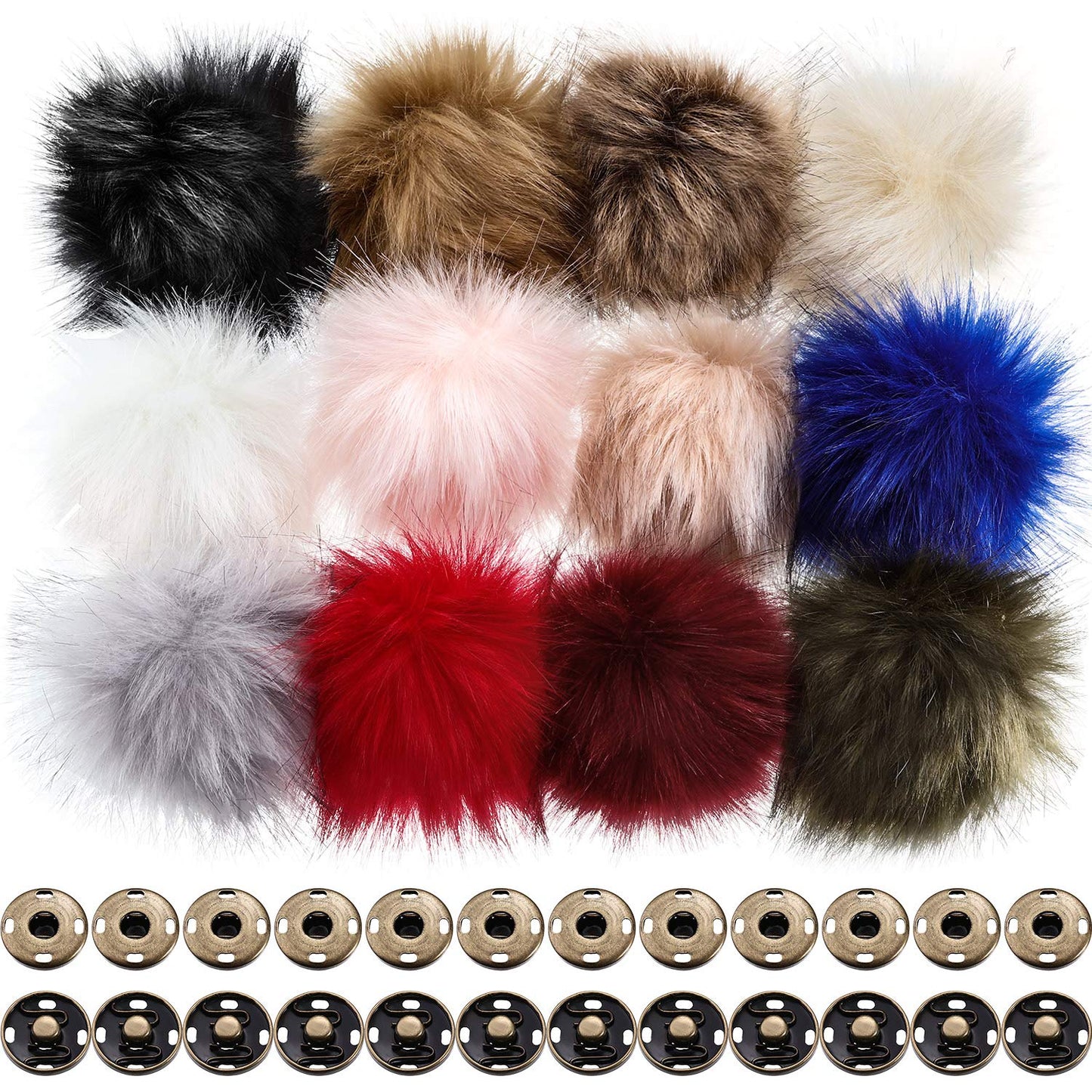12 Pieces Fur Pompoms for Knitted Hats Faux Fur Balls for Hats Faux Fur Fluffy Pompom Ball with Removable Press Button for Detachable Knit Hats