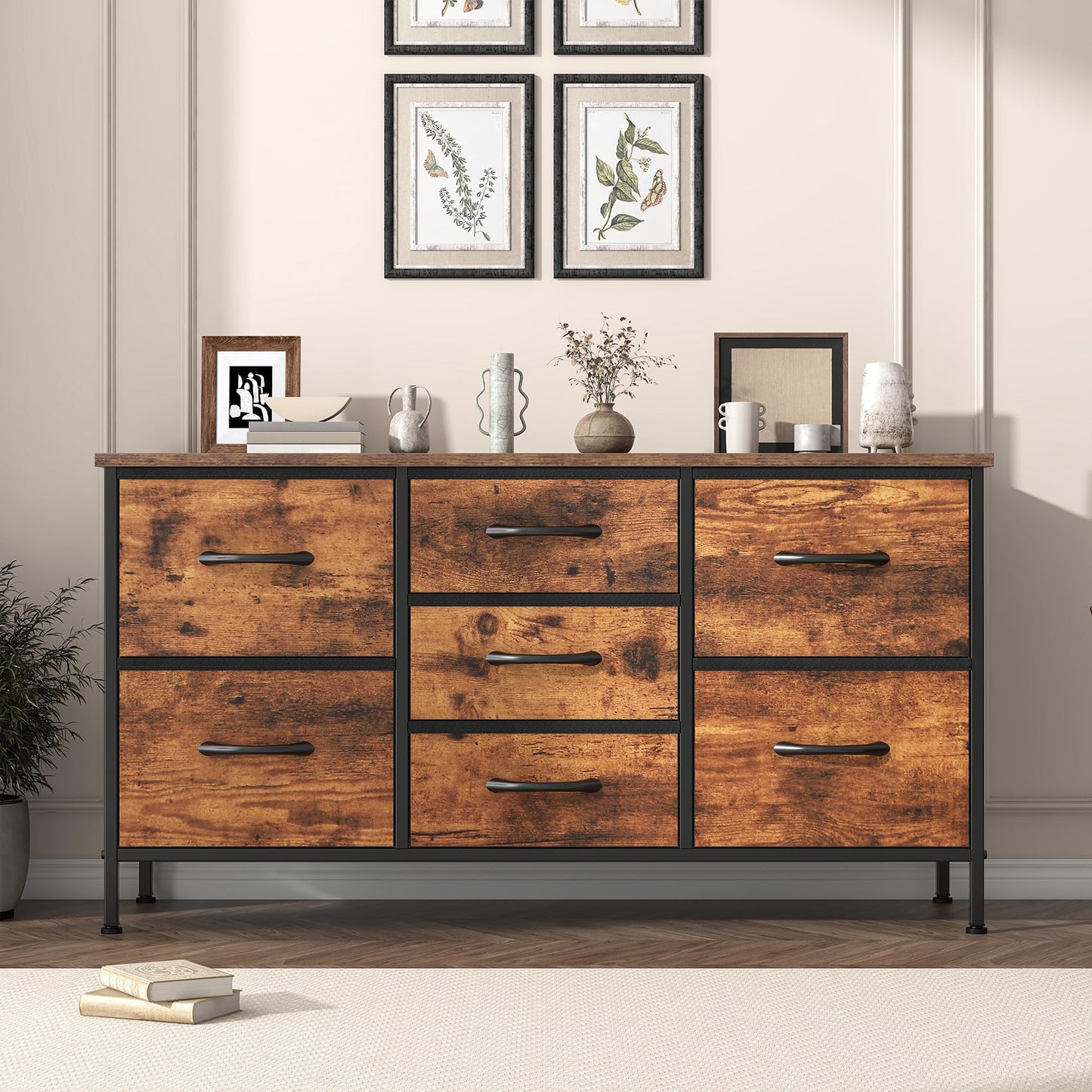 Feonase Chest of Drawers,Bedroom Dresser with 7 Fabric Drawers, Metal Frame & MDF Wood Top, Adjustable Feet, Storage Organizer Unit for Bedroom
