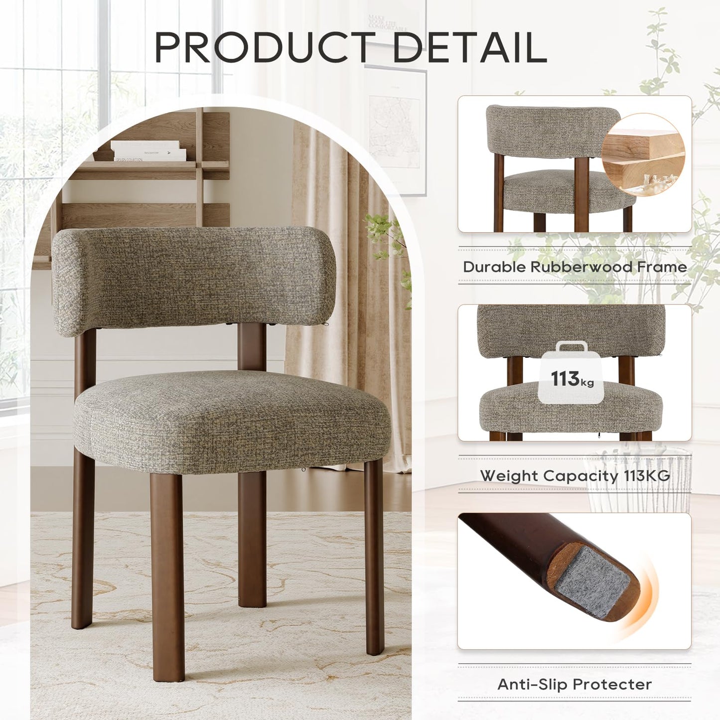 COLAMY Wooden Dining Chairs Set of 2, Fabric Chairs for Dining Room with Open Curved Backrest and Thick Seat Cushion