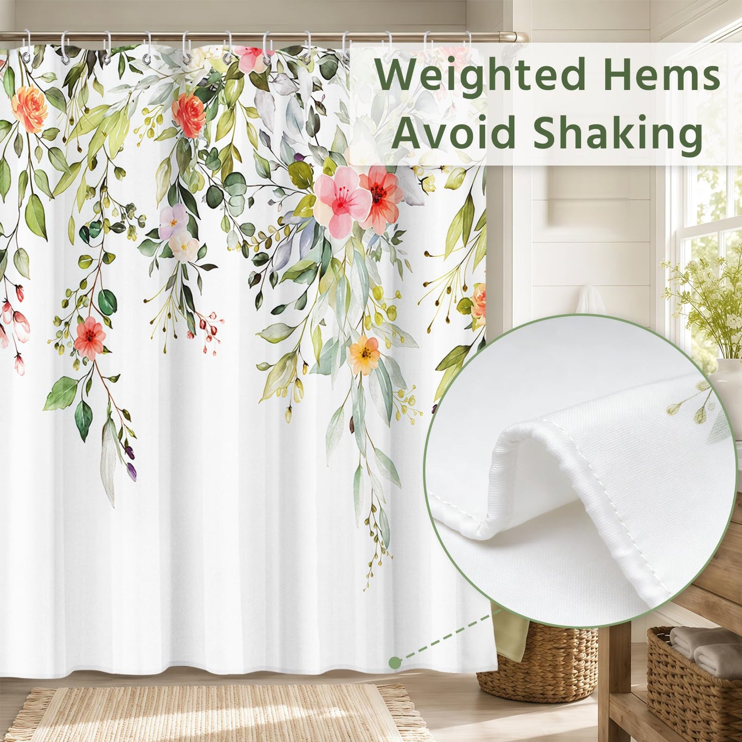 FAVORTALK Shower Curtain White Mould Proof Resistant Waterproof Floral Bathroom Curtains with 12 hooks Quick-Drying Weighted 180x180cm