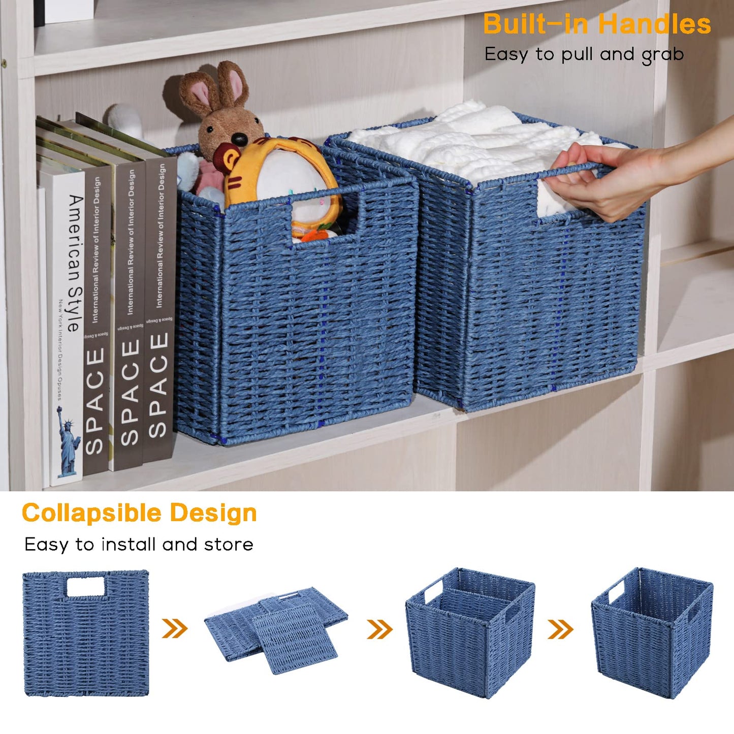 Vagusicc Wicker Storage Basket, Set of 2 Hand-Woven Storage Baskets for Shelves with Handles