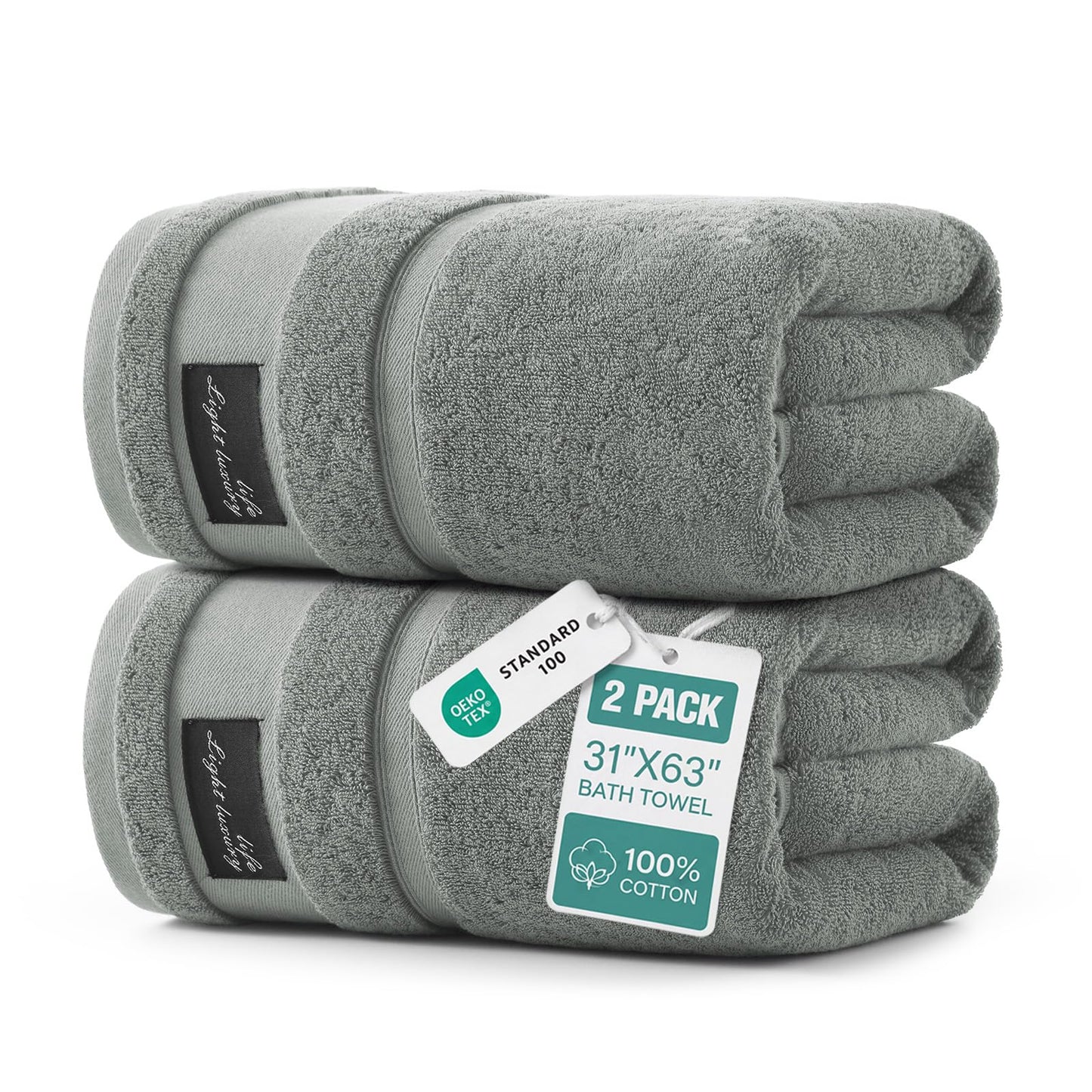 REDKISS 2 Pack Gray Large Bath Towels -160 x 80CM Cotton Thick Shower Towel