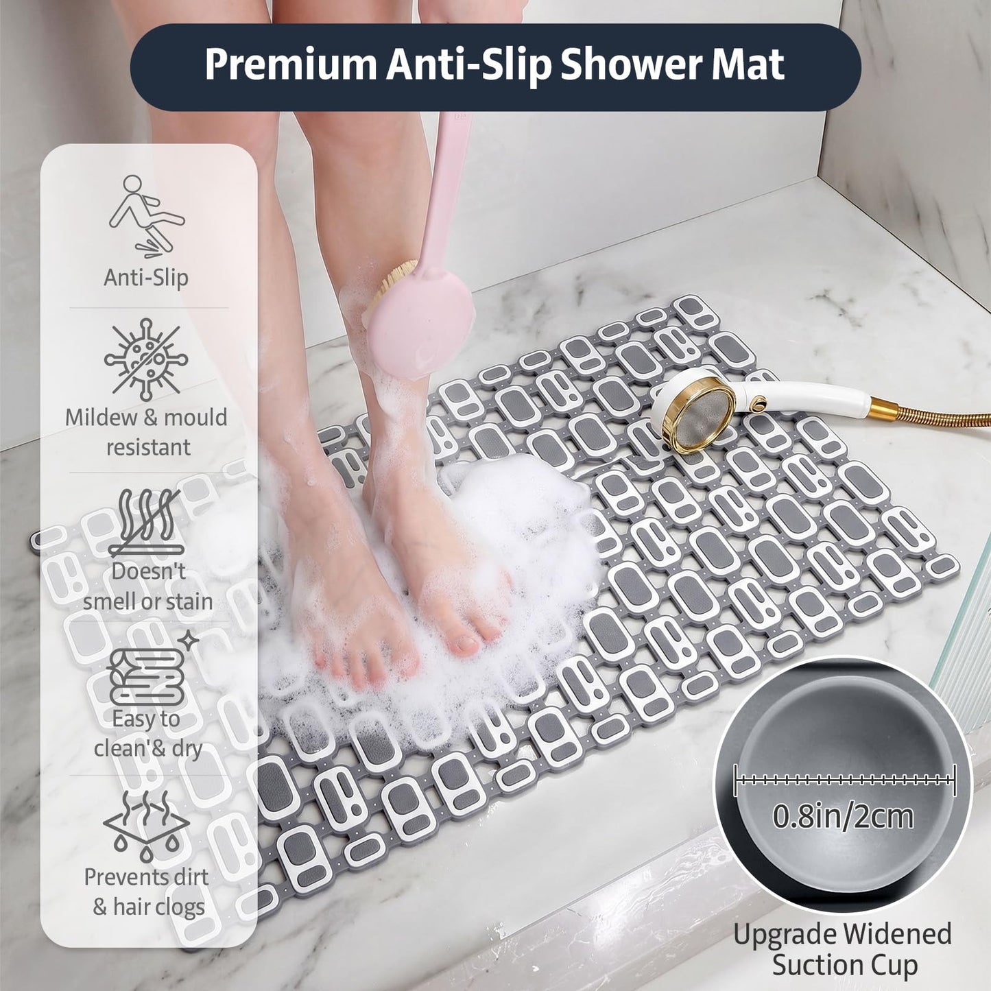 XIYUNTE Soft Shower Mat Non Slip Anti Mould for Elderly - 70x40cm Cut-to-Fit Non Slip Shower Mats for Inside Shower