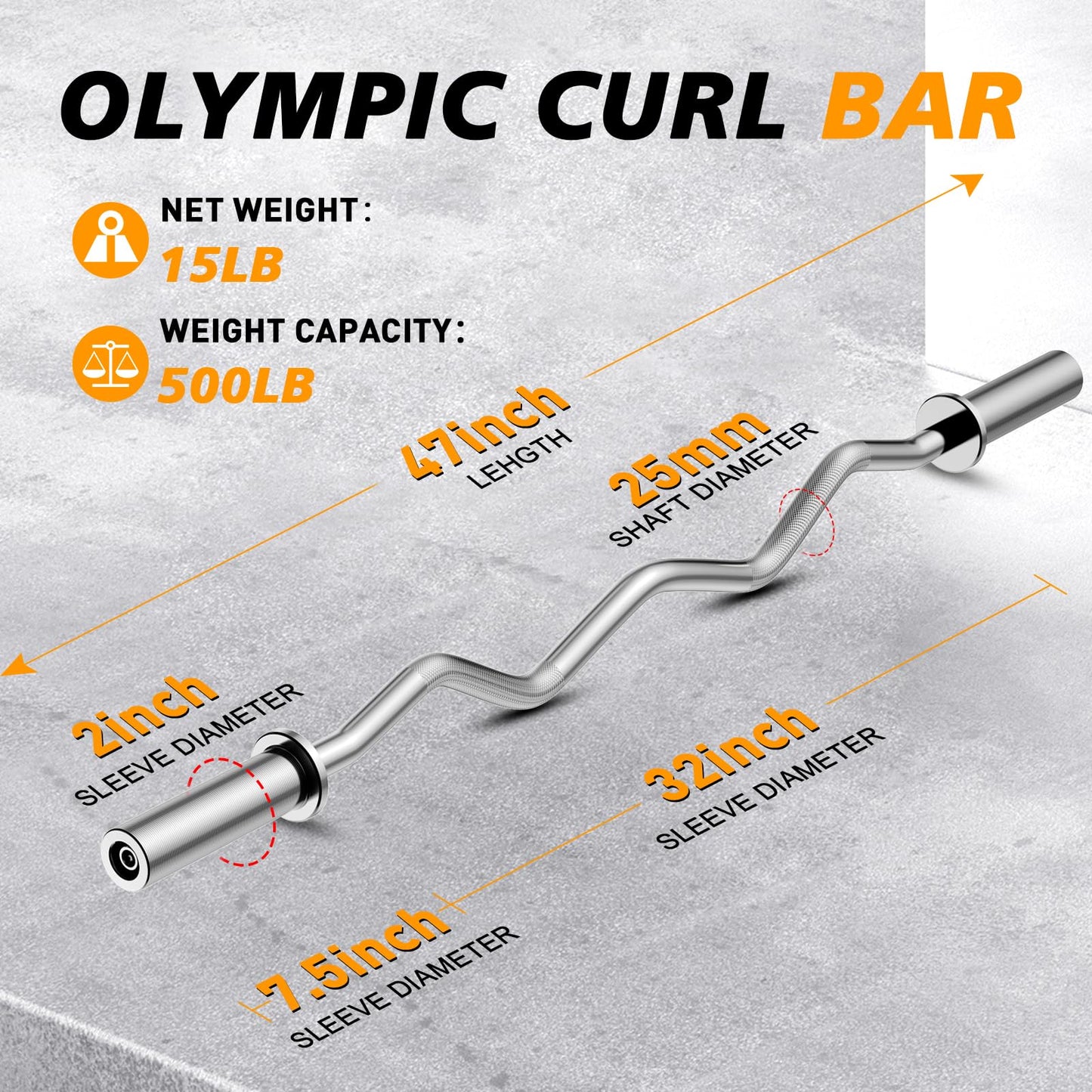 Olympic EZ Curl Barbell Bar 47", 2-Inch Curl Bar for Weight Lifting,Hip Thrusts,Squat,Biceps-Home Gym Weight Bar, Chrome Curling Bar for 2 Inch Weight