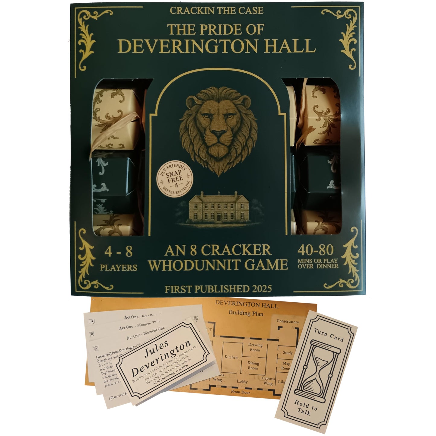 Crackin Games Co 4?8 Player Mystery Dinner Party Game Told Through 8 Snap-Free Party Crackers ? The Pride of Deverington Hall | Plastic Free,