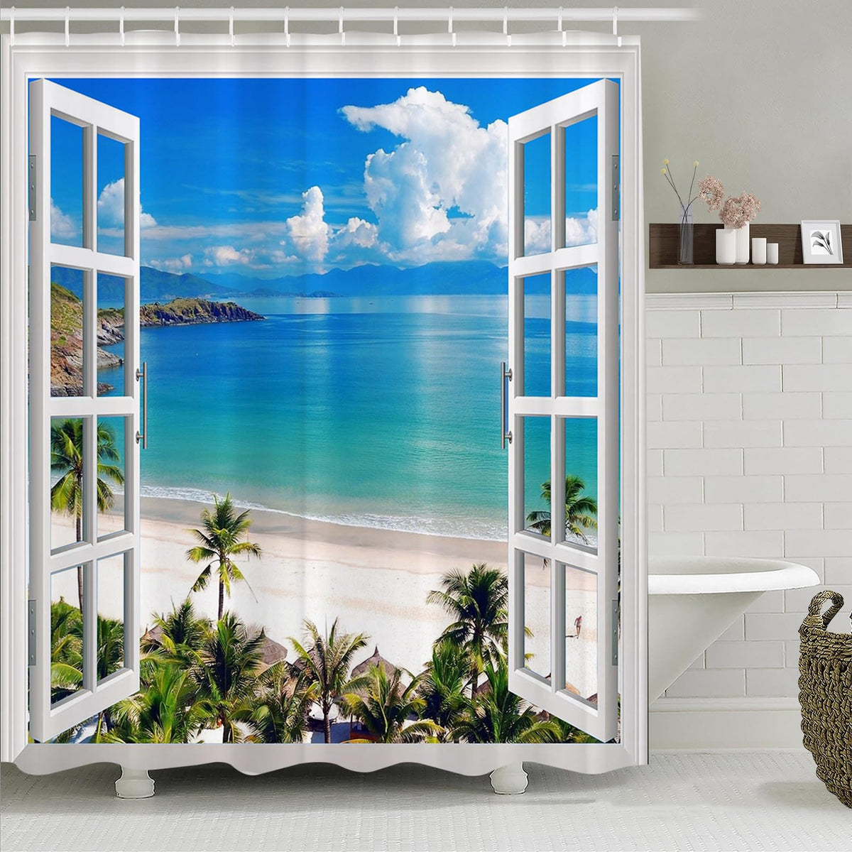 Simpomsy Beach Shower Curtain, 3D Ocean Seascape Sky Clounds Nature Tropical Palm Tree Seagull Window Views Anti Mould Bath Curtains for Bathroom