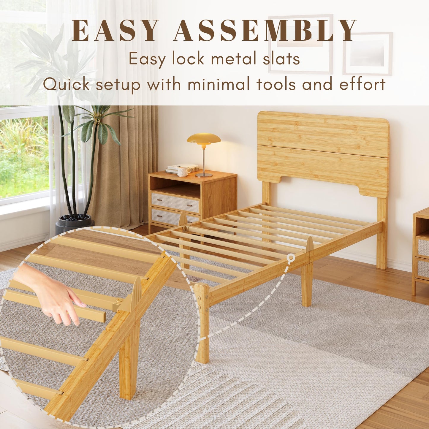 Hunlostten Wooden Single Bed Frame with Headboard - Bamboo Wood Platform Bed Frame with Metal Slats Support and Underbed Storage Bedroom Furniture