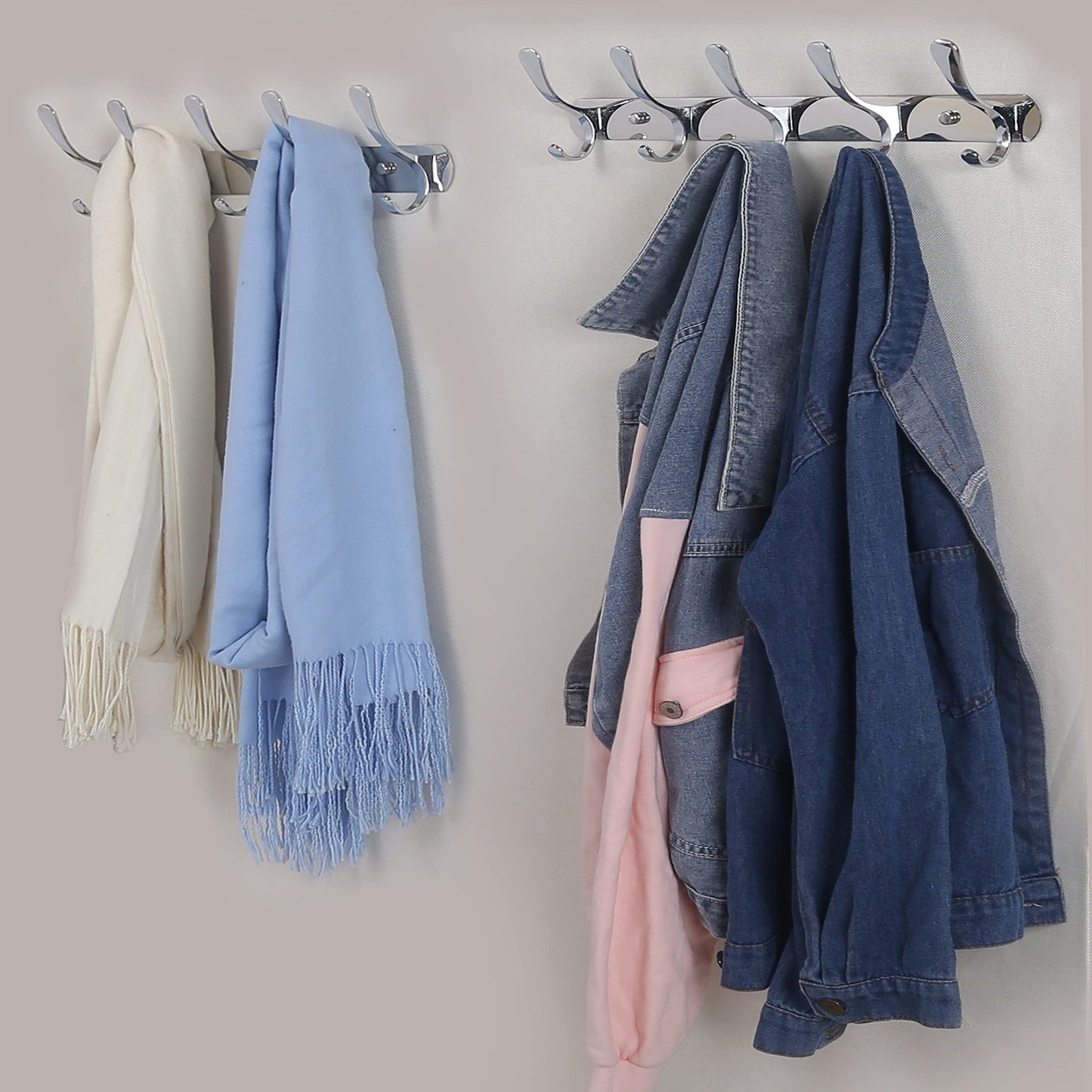 SKOLOO - Wall Mounted Coat Rack with 5 Hooks, Metal Wall Mounted Coat Hanger for Coat Jacket Backpack Coat Silver Hooks Perfect for Entryway, Kitchen