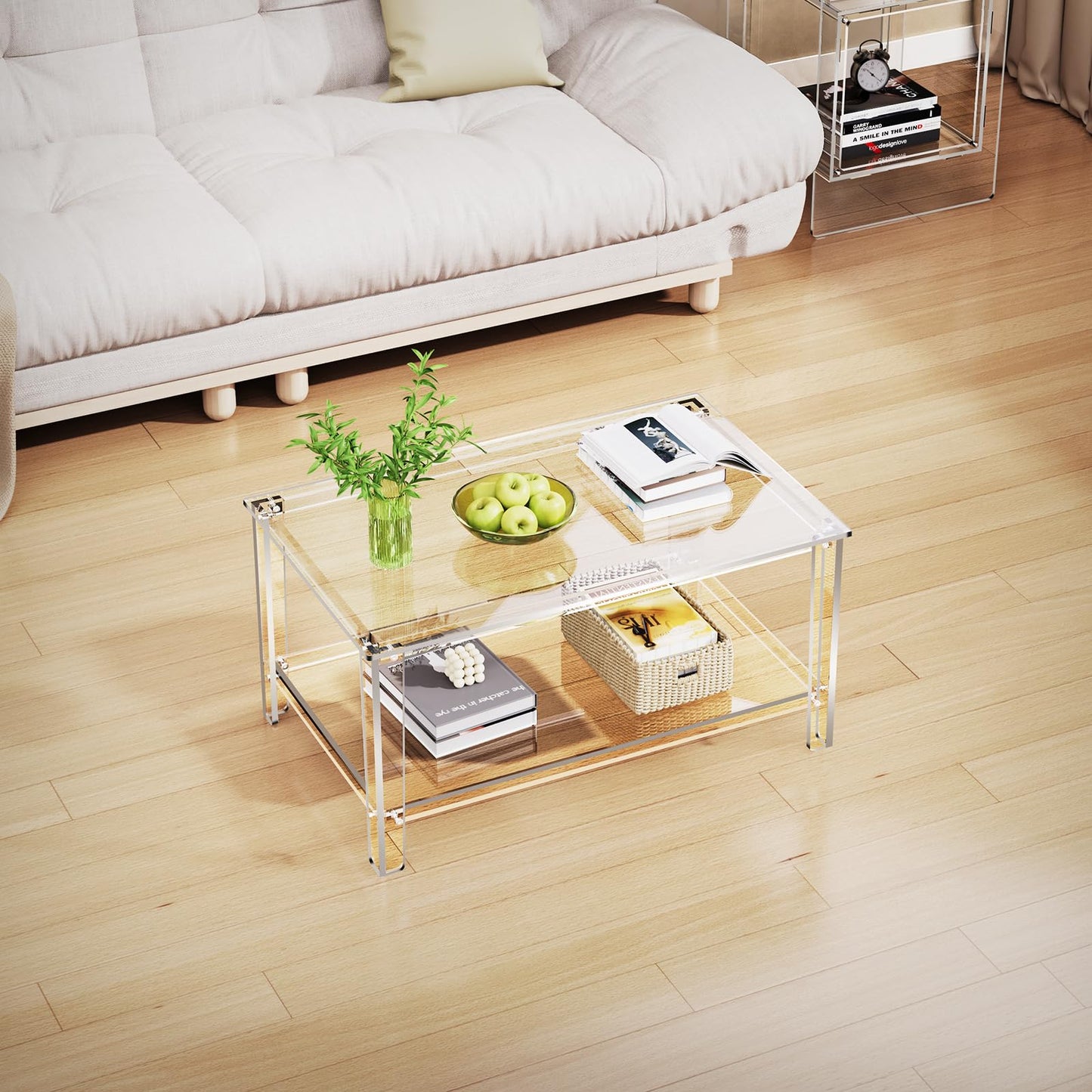 solaround Acrylic Coffee Table, with 2-Tier Open Storage Shelf, Space-saving Tea Tables for Living Room, Clear, 80 x 50 x 40 cm