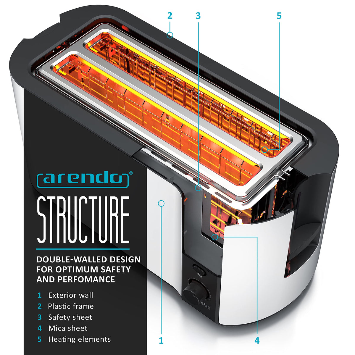 arendo - Frukost 4 slice long slot toaster - double wall housing  with warming rack  6 browning settings  auto bread centring  reheat defrost