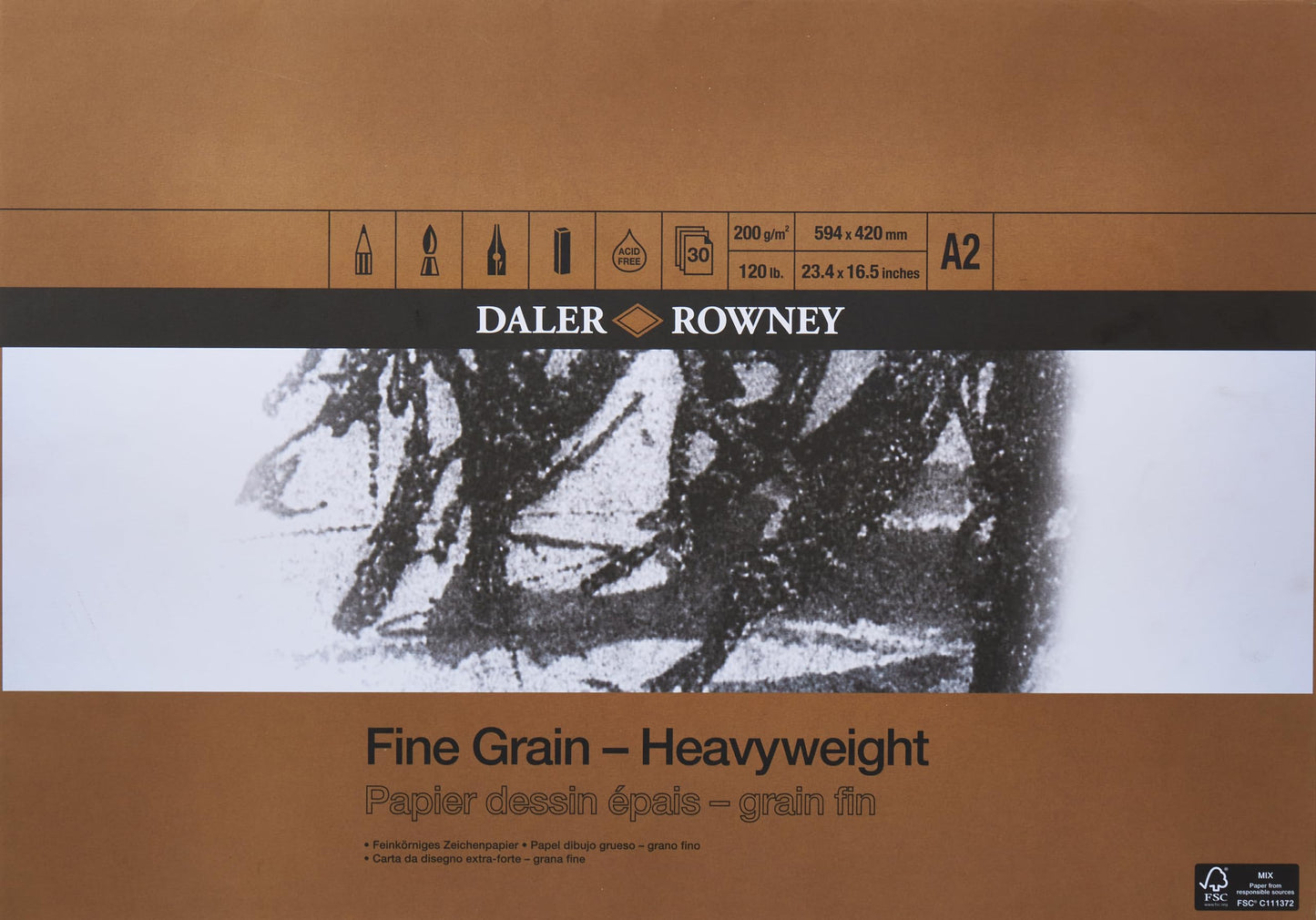Daler-Rowney Fine Grain Lightly Textured Heavyweight 200gsm A2 Drawing Paper Pad, Glued 1 Side, Acid-free, 30 White Sheets, Ideal for Professional