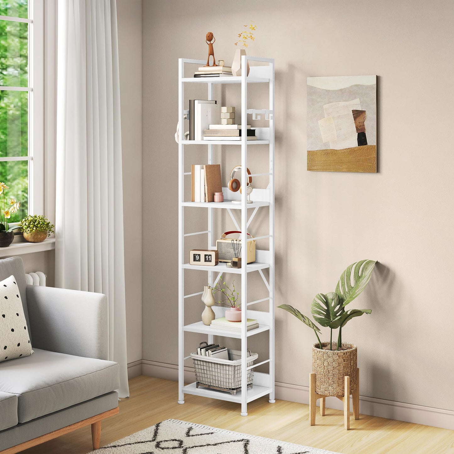 YITAHOME 6 Tier Bookcase, Industrial Book Shelf, Metal Frame and Wooden Shelves, Tall Shelving Unit with 4 Hooks