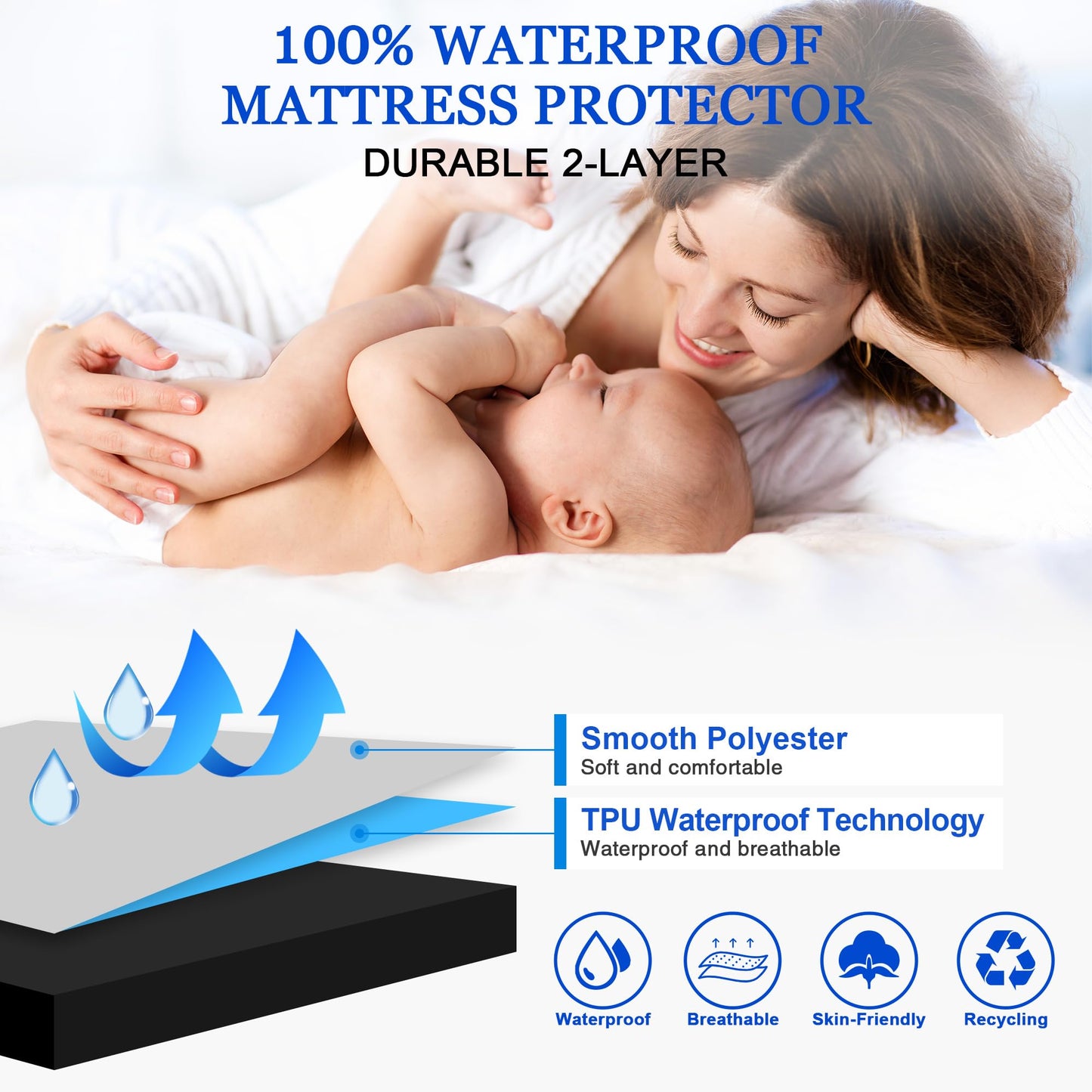 Waterproof Mattress Protector Single,90x190cm Mattress Cover for Bed,30cm Deep Pocket Fitted Sheet Style Mattress Protector with Elastic Rubber Band