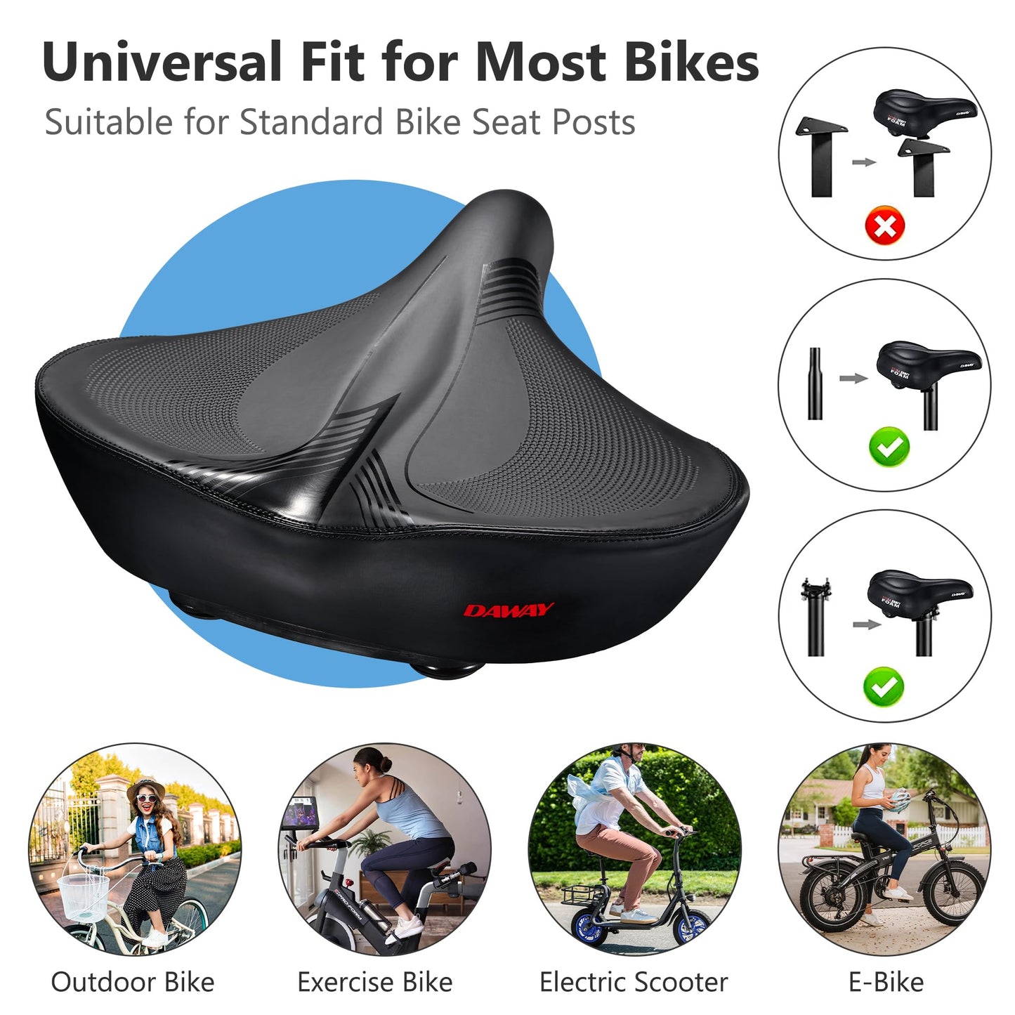 DAWAY W60 Extra Wide Bike Seat - Ultra Comfortable Memory Foam Saddle for Outdoor Indoor Rides, Ergonomic, with Shock Absorbers, Universal Fit for
