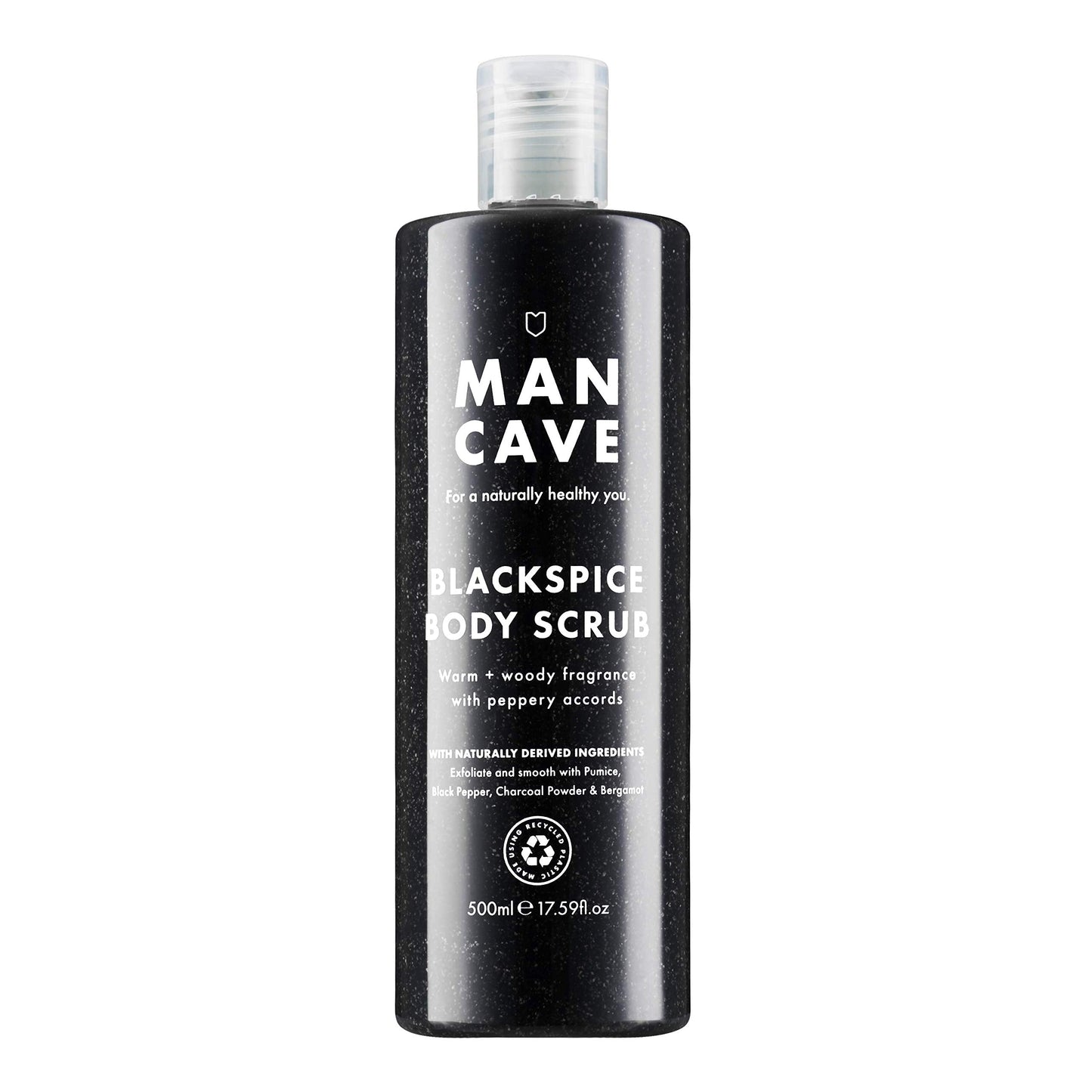 ManCave Blackspice Body Scrub 500ml for Men, Warm & Woody Aroma, Exfoliate & Cleanse Skin with Pumice and Charcoal Powder Scrub, Natural Formulation,