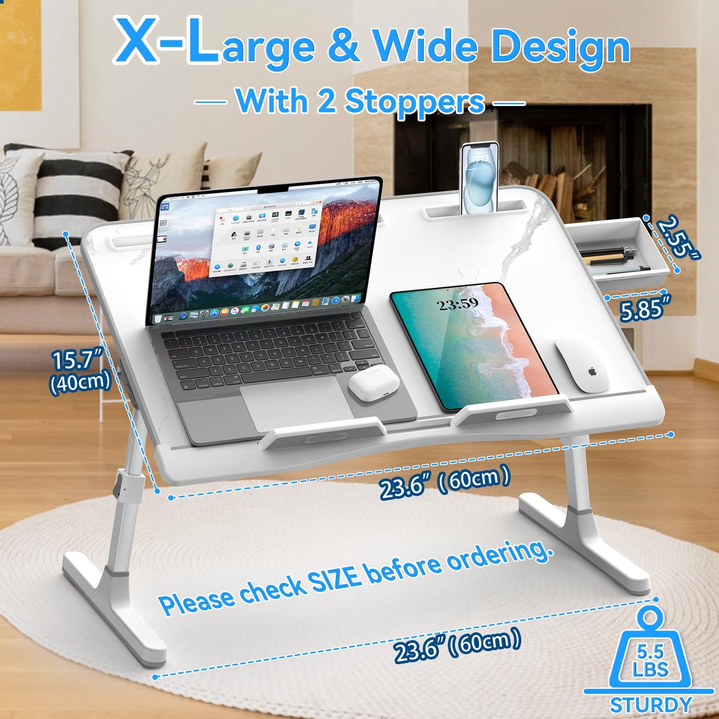 Laptop Stand for Bed, Potuopy Leather Adjustable Height Angle X-Large Bed Desk, Foldable Laptop Bed Table for Working Reading Eating on Bed Sofa Floor