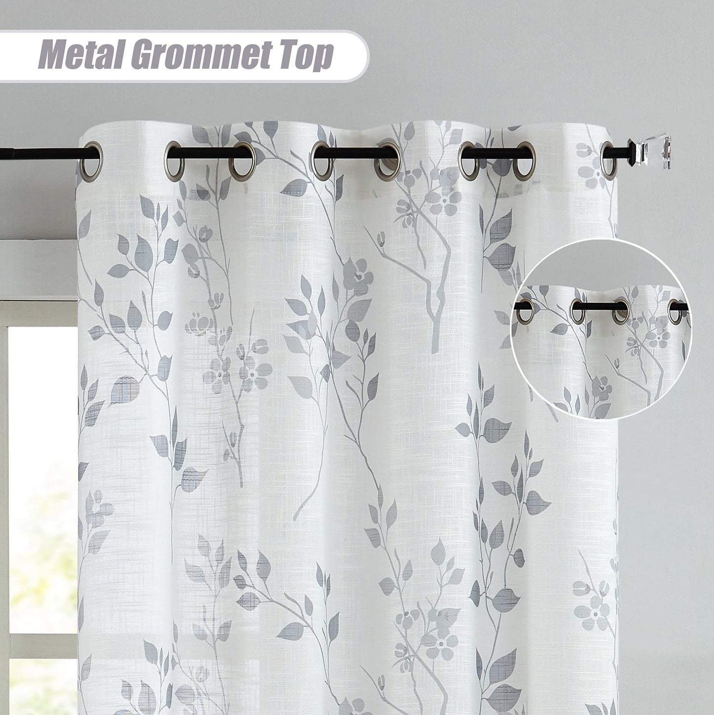Beauoop Grey Semi Sheer Floral Curtains for Living Room 90 Drop Linen Textured Farmhouse Curtains for Bedroom Leaf Printed Eyelet Rustic Drapes Window