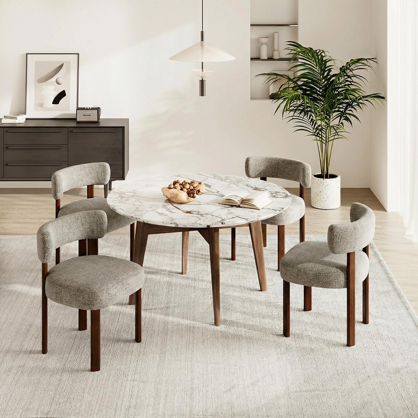 COLAMY Wooden Dining Chairs Set of 4, Fabric Chairs for Dining Room with Open Curved Backrest and Thick Seat Cushion