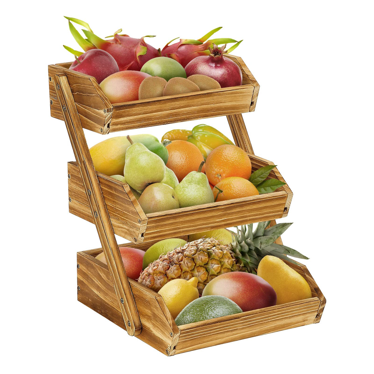 CALM COZY Fruit Basket, 3 Tier Wooden Fruit Basket Bowl Holder for Kitchen, Bread Fruit Storage Basket Wooden Vegetable Rack