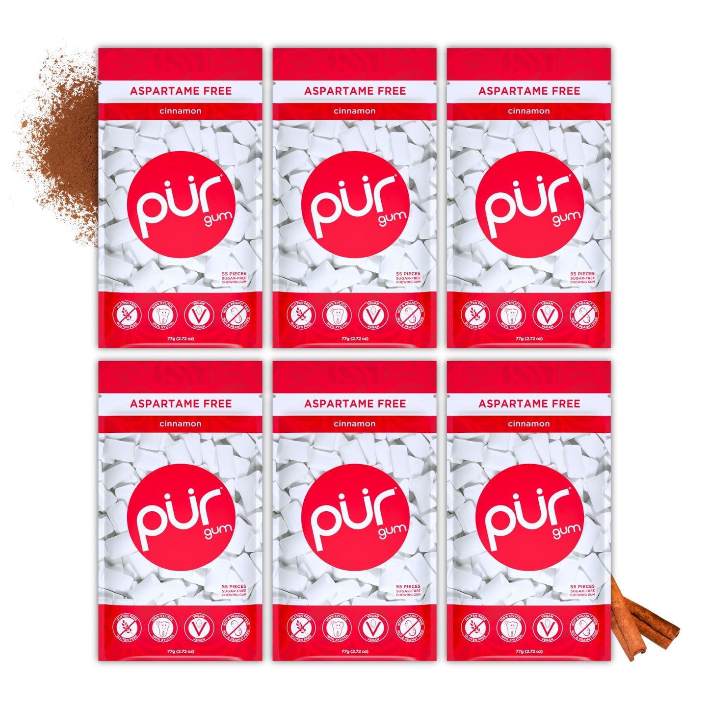 PUR Gum | Sugar Free Chewing Gum | Made with Xylitol | Vegan, Aspartame Free, Gluten Free and Keto Friendly | Natural Cinnamon Flavoured Gum, 55